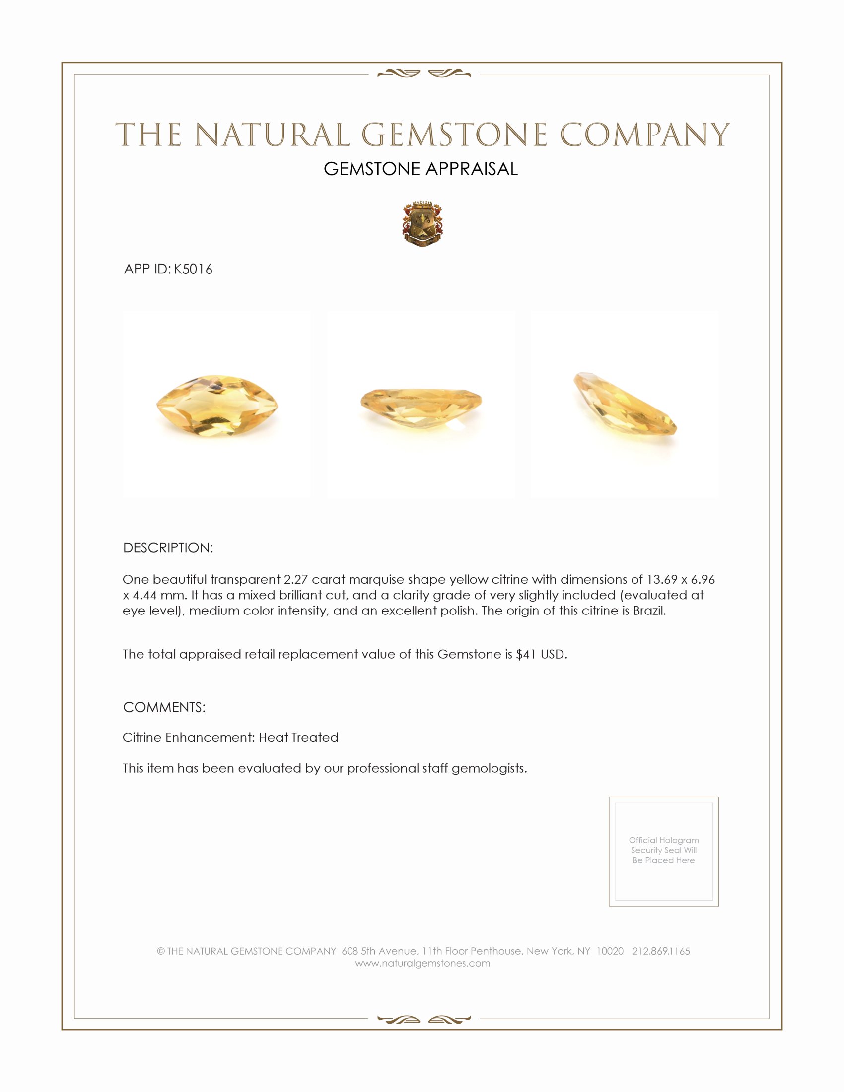 2.27 Ct. Yellow Citrine from Brazil