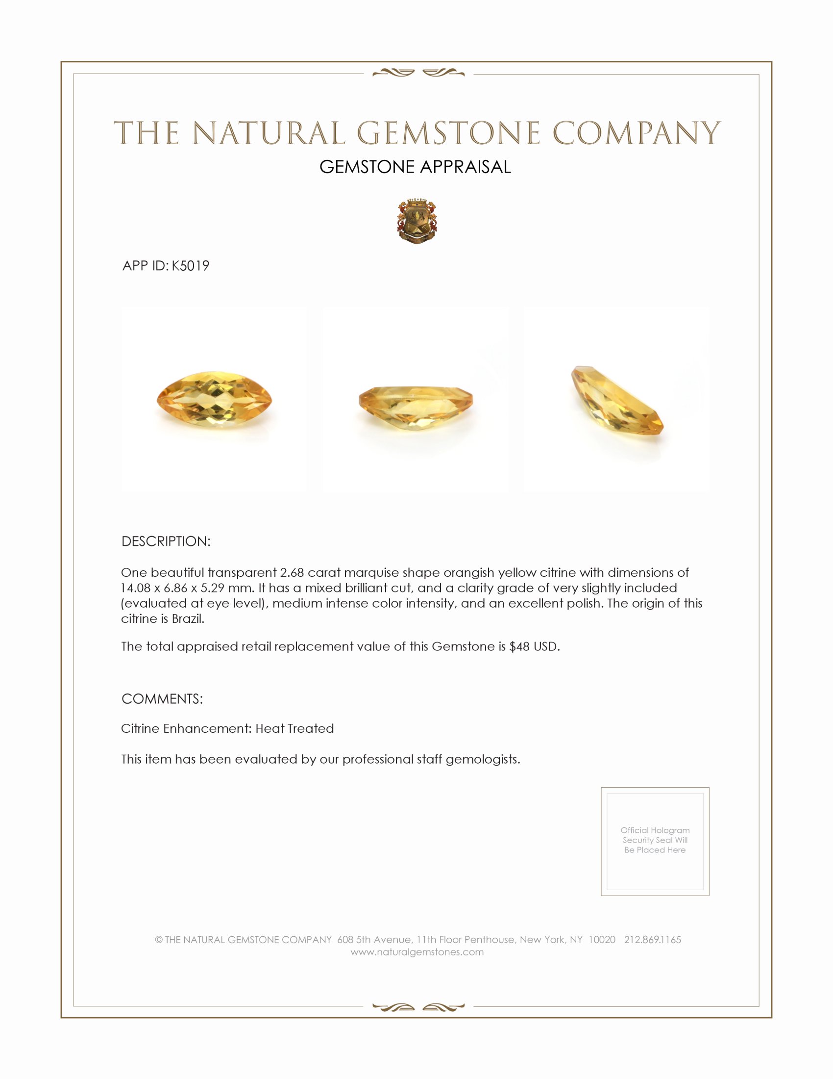 2.68 Ct. Citrine from Brazil