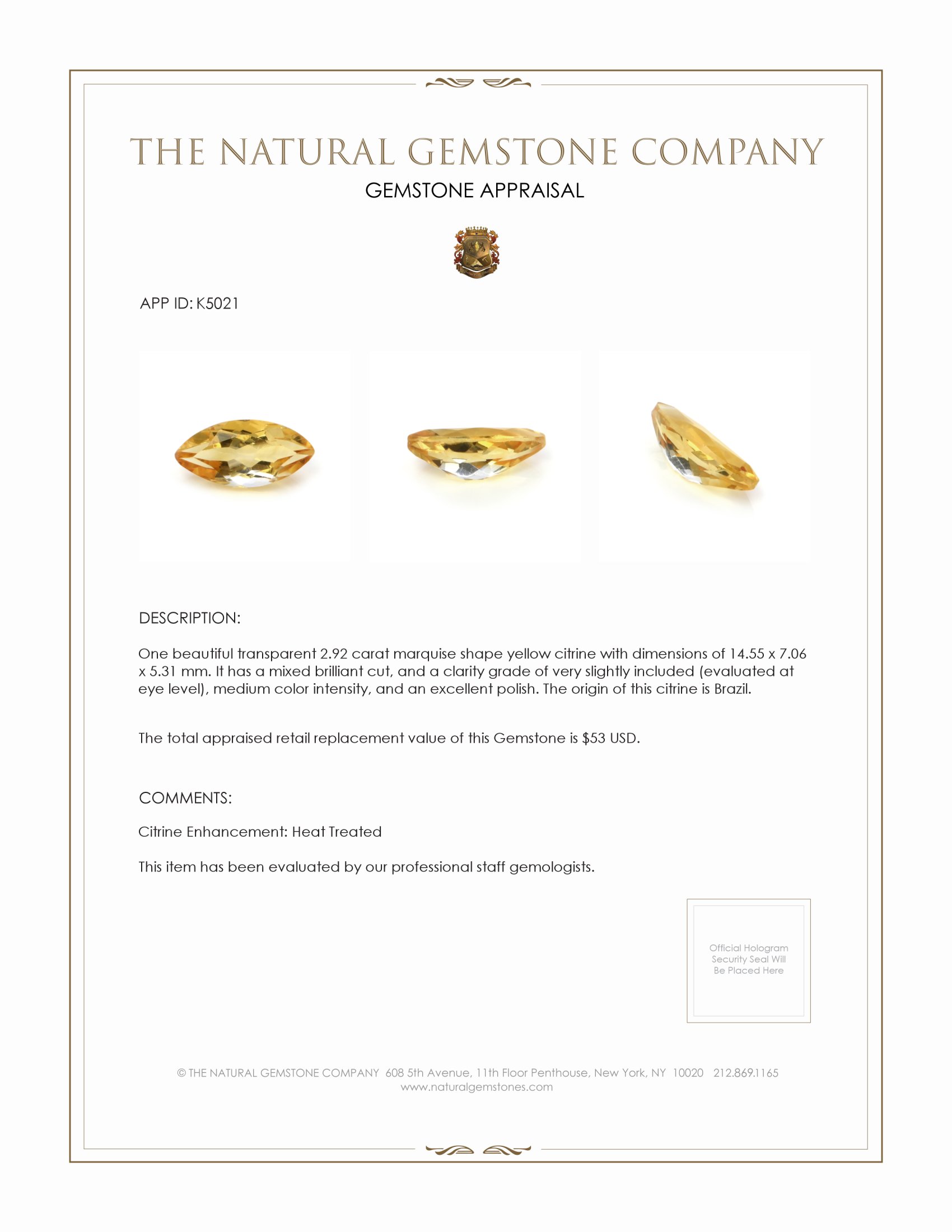 2.92 Ct. Citrine from Brazil