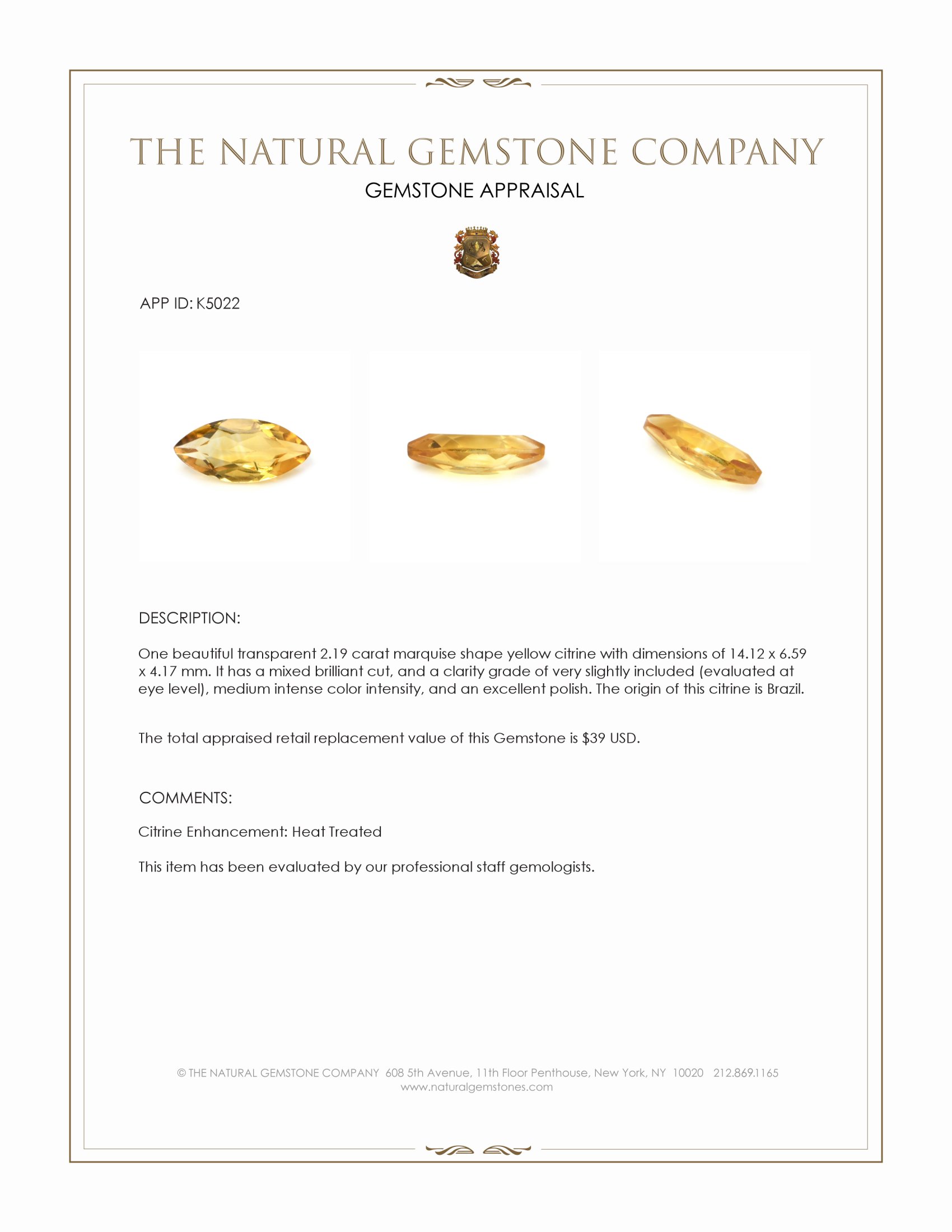 2.19 Ct. Citrine from Brazil