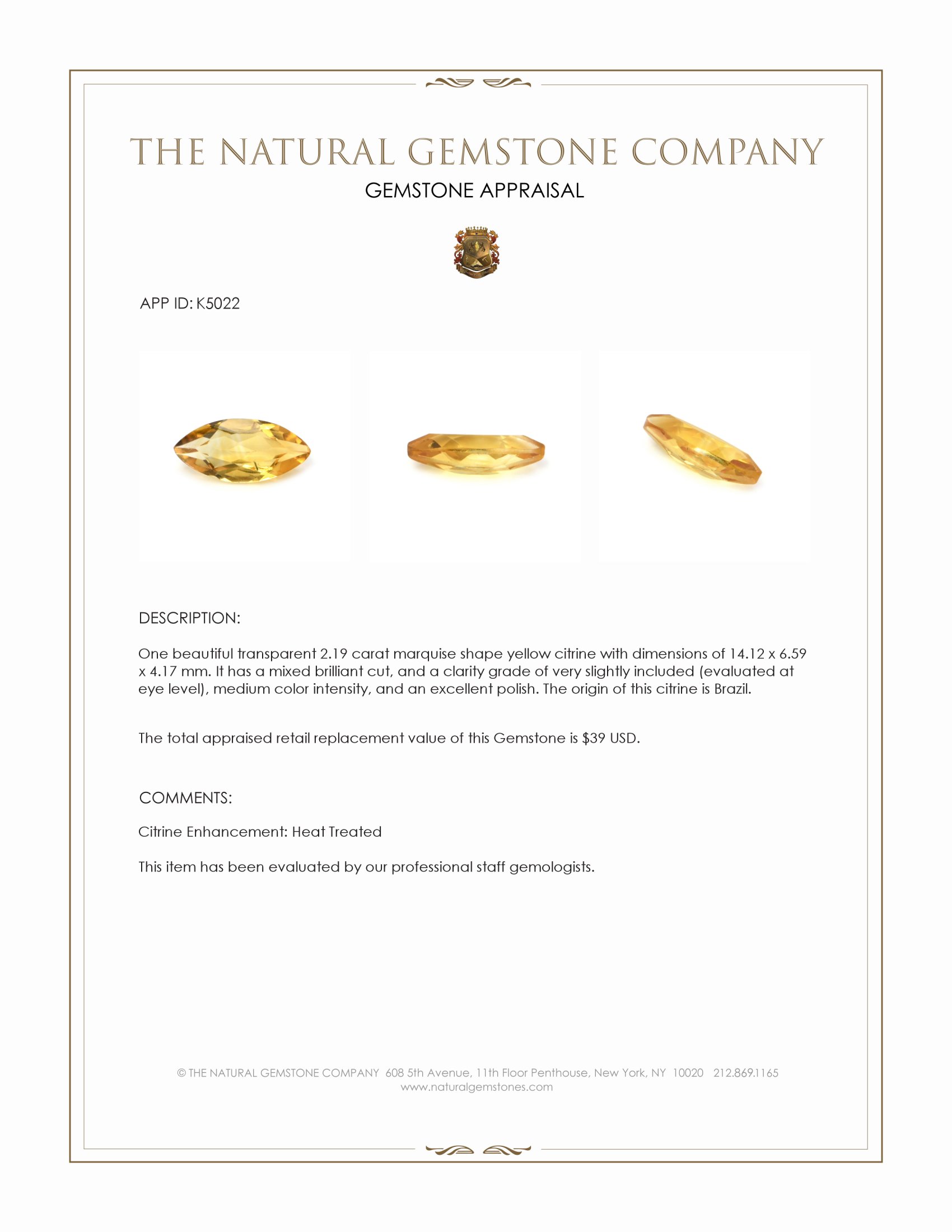 2.19 Ct. Citrine from Brazil