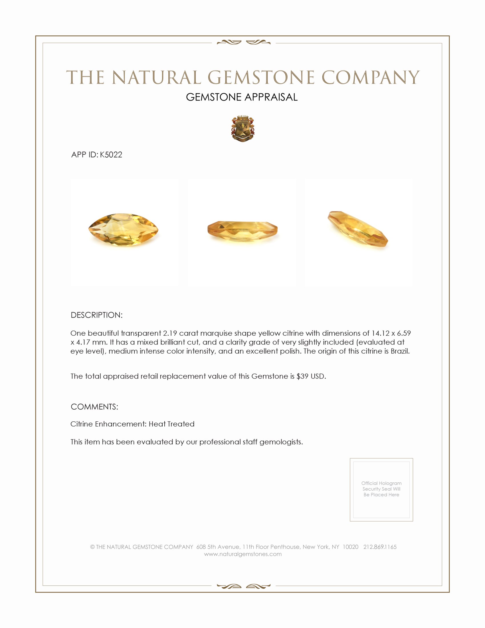 2.19 Ct. Citrine from Brazil