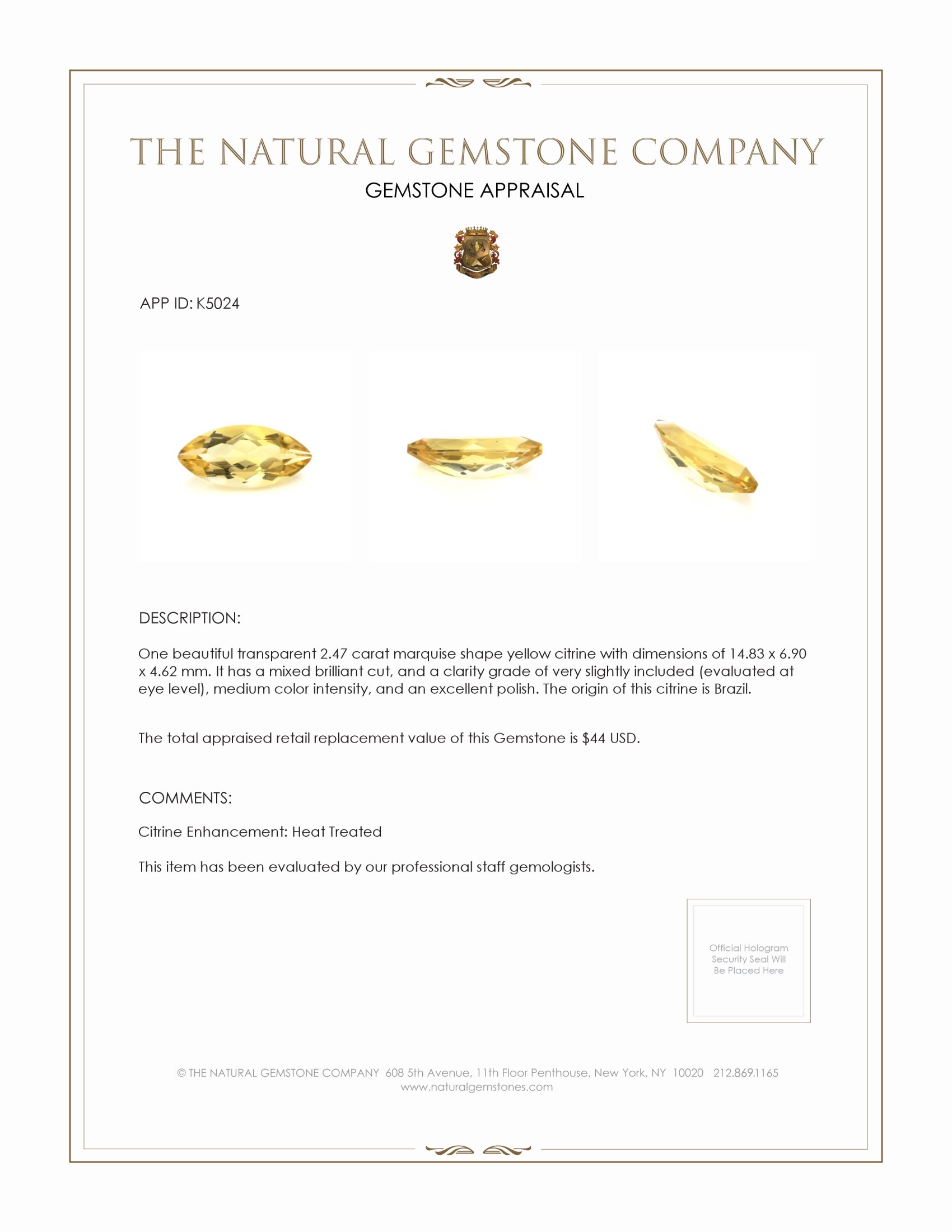 2.47 Ct. Citrine from Brazil