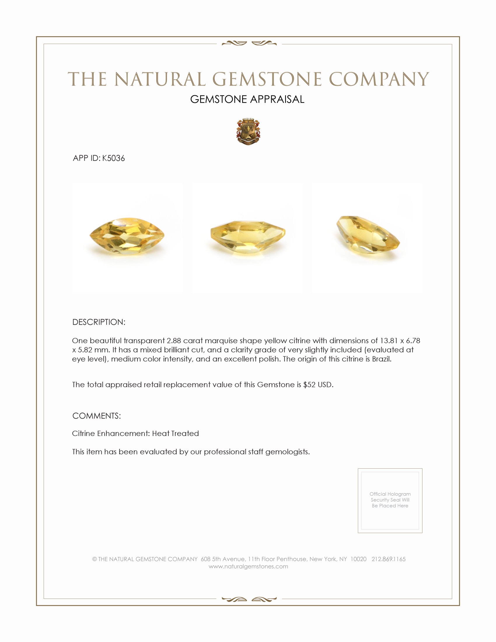 2.88 Ct. Citrine from Brazil