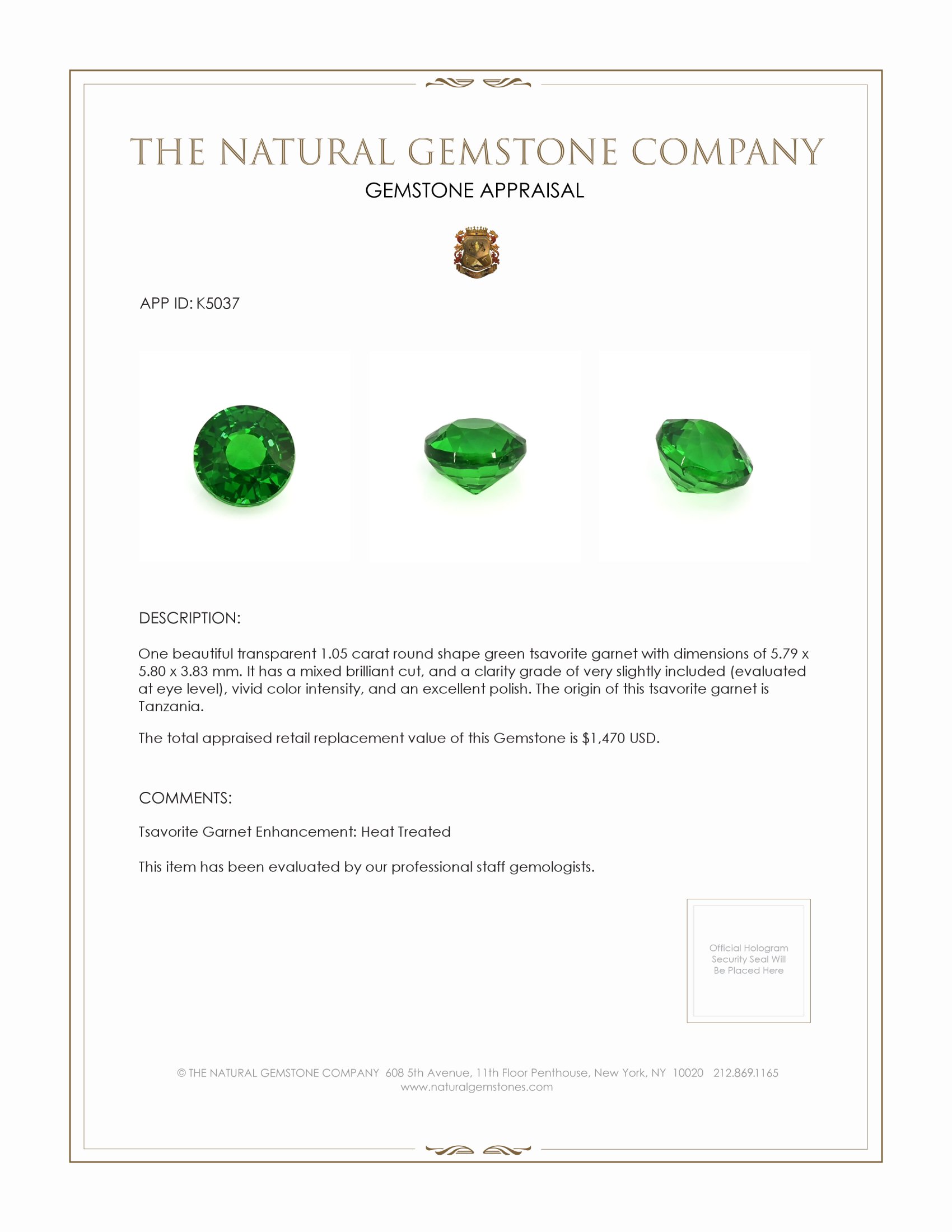 1.05 Ct. Tsavorite Garnet from Tanzania