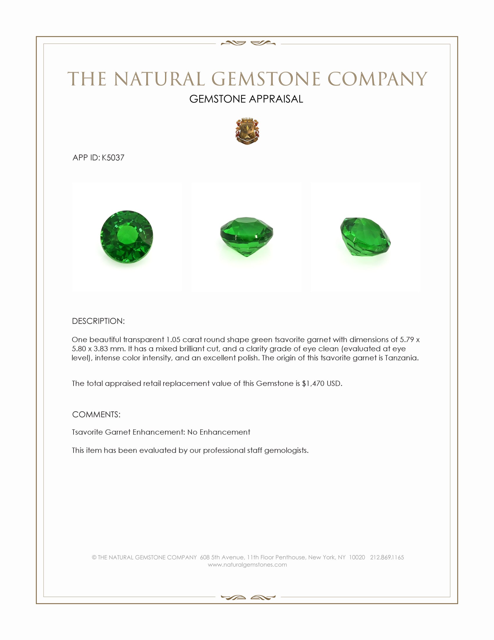 1.05 Ct. Tsavorite Garnet from Tanzania