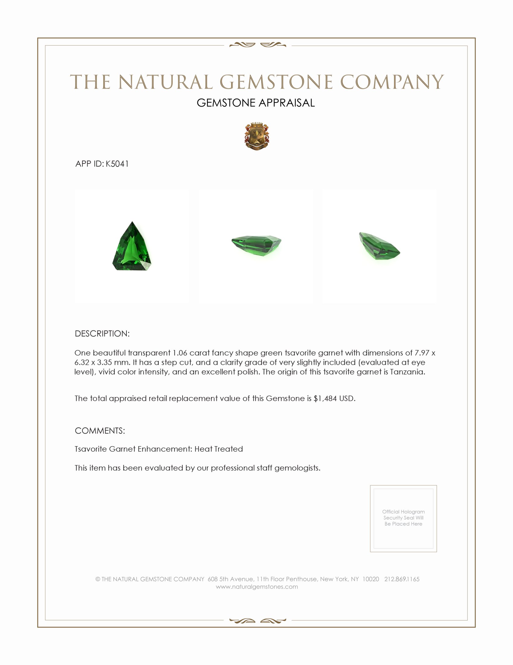 1.06 Ct. Tsavorite Garnet from Tanzania