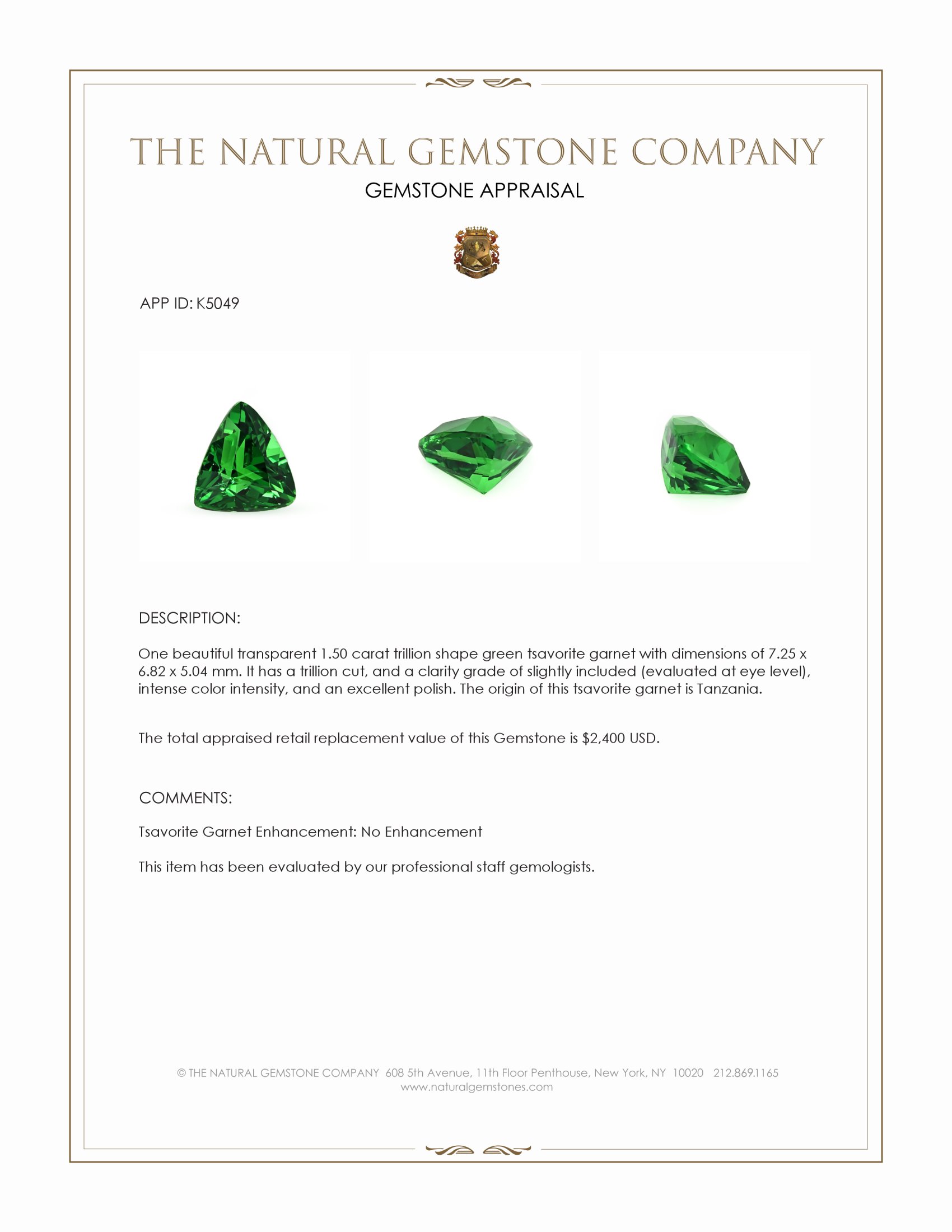 1.50 Ct. Tsavorite Garnet from Tanzania