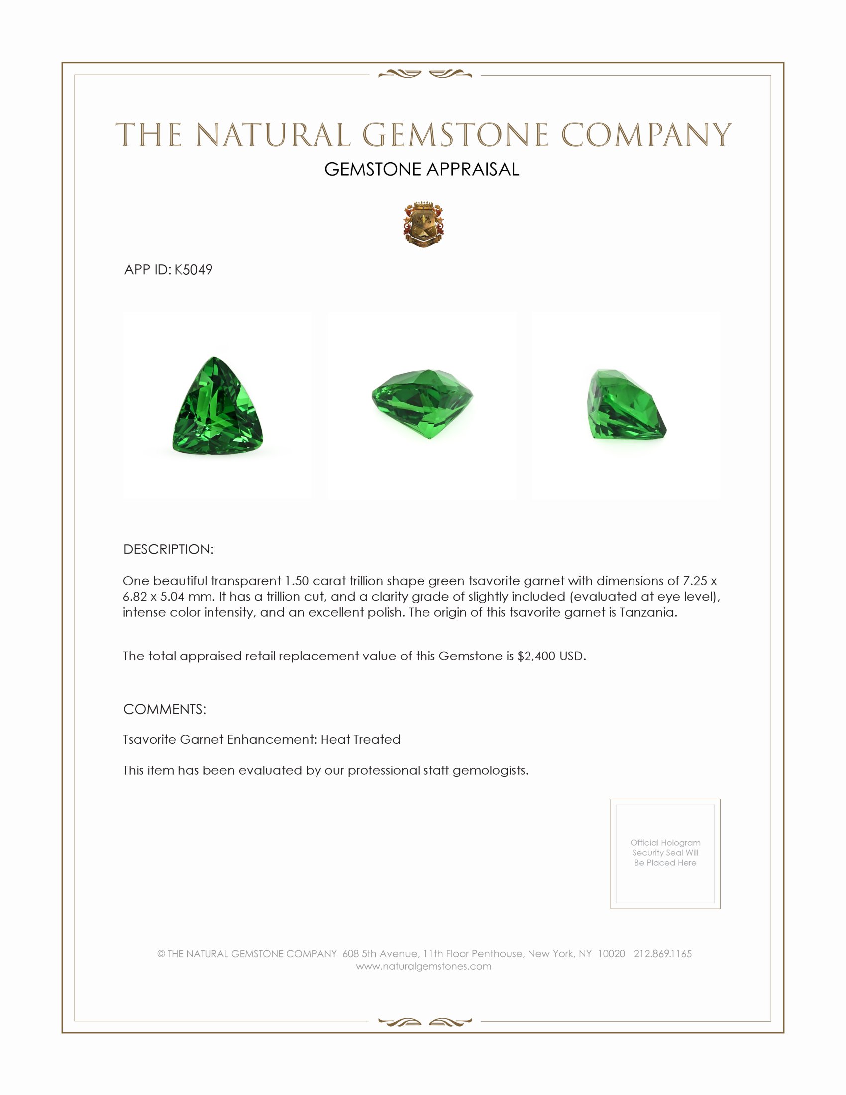 1.50 Ct. Tsavorite Garnet from Tanzania