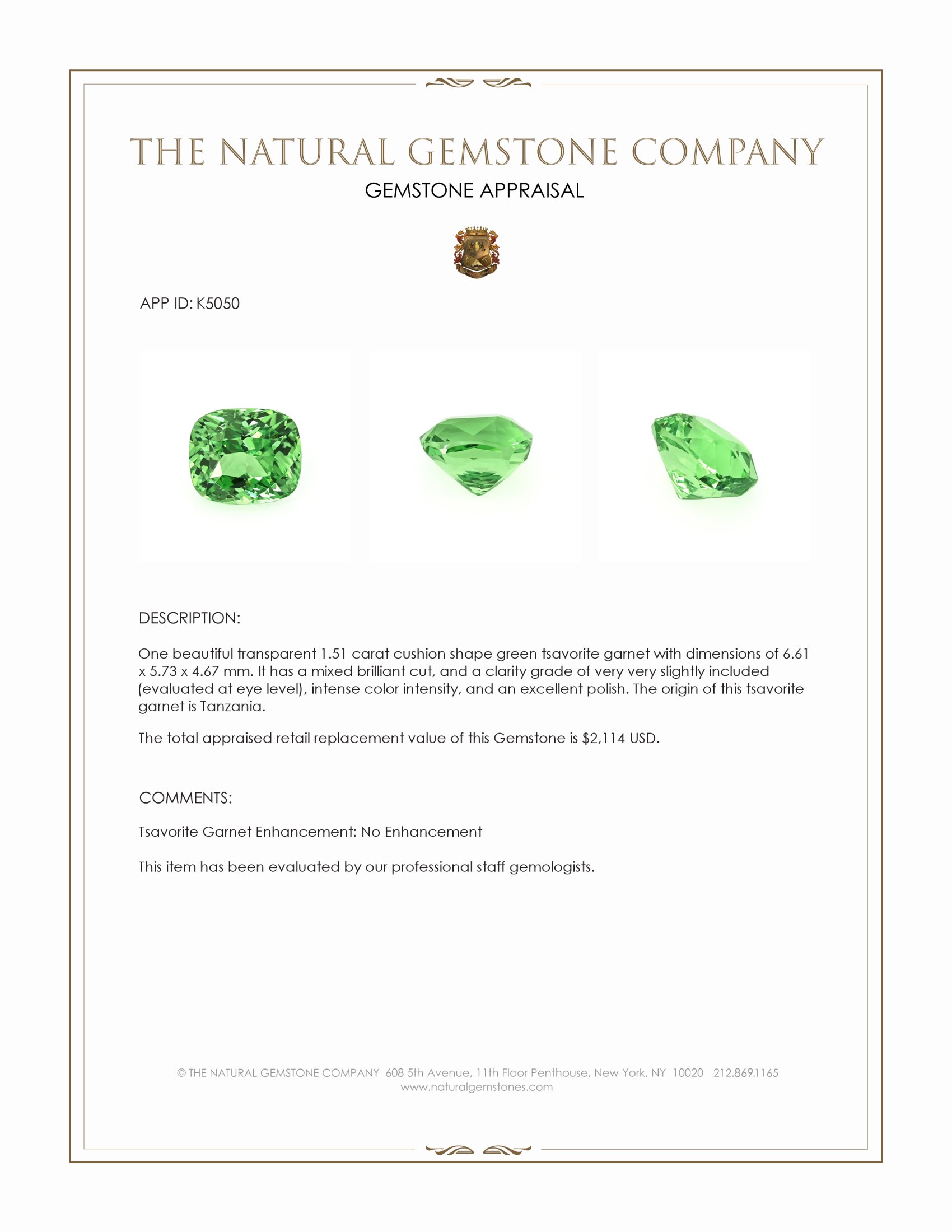 1.51 Ct. Tsavorite Garnet from Tanzania