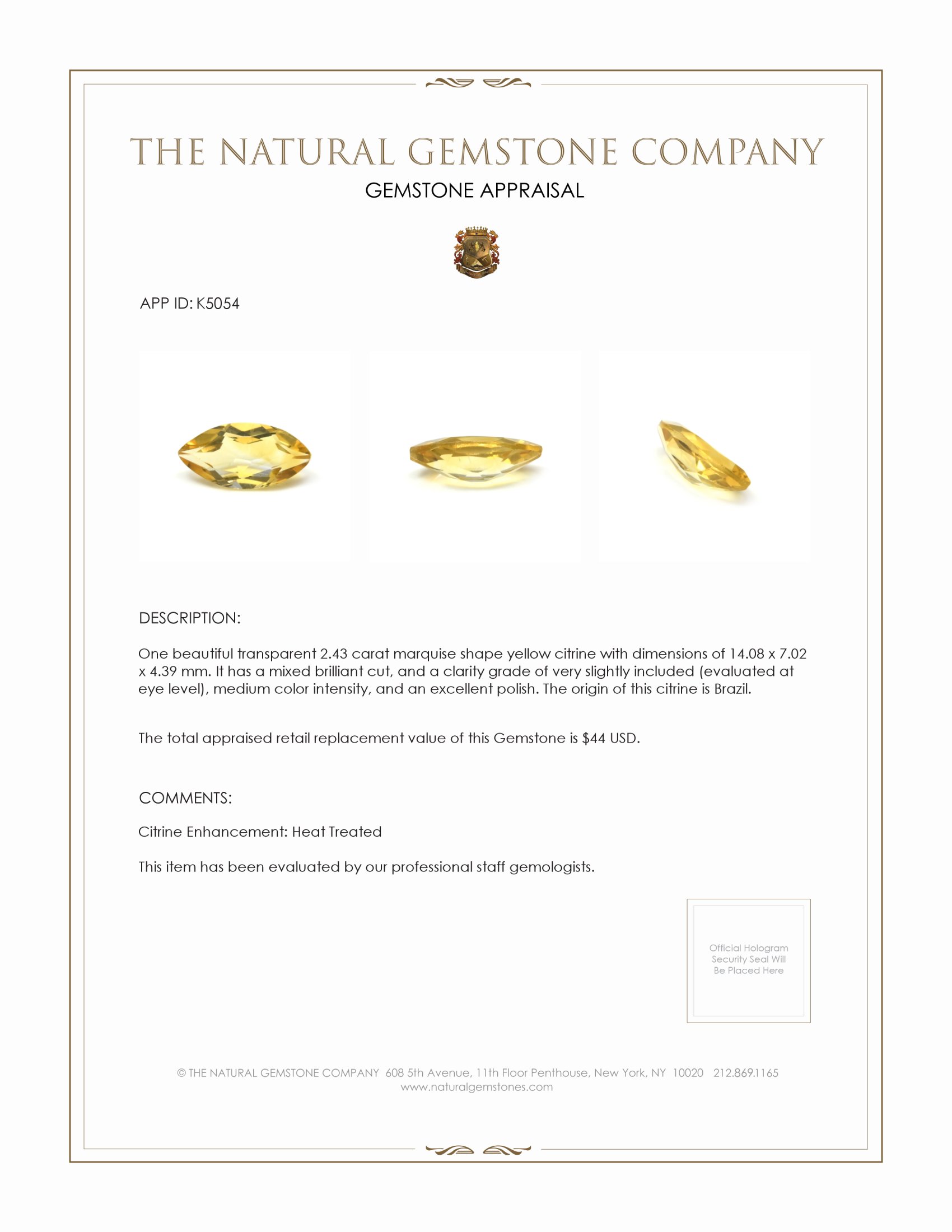 2.43 Ct. Yellow Citrine from Brazil