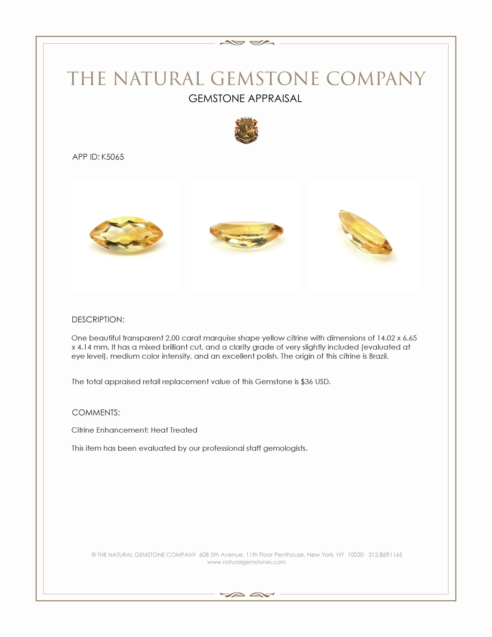 2.00 Ct. Yellow Citrine from Brazil