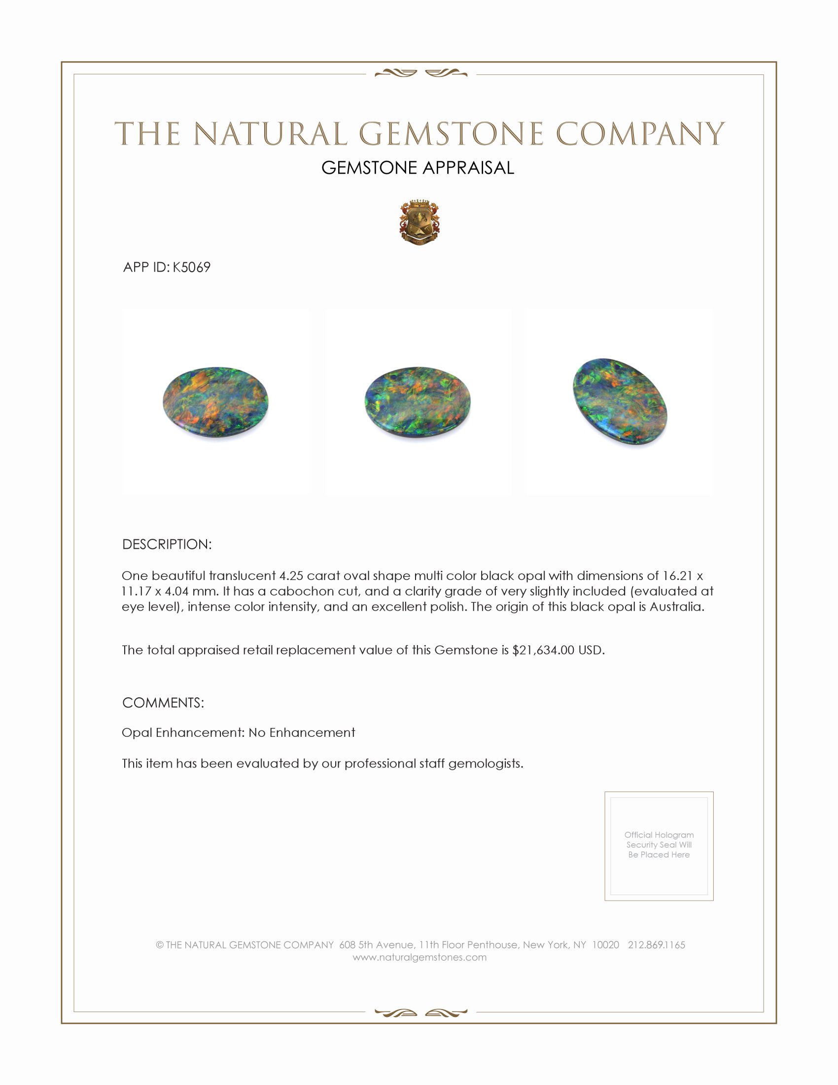 4.25 Ct. Cabochon Black Opal from Australia