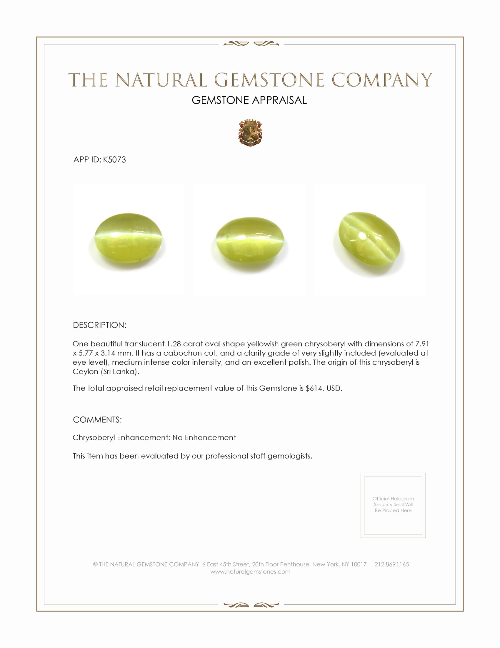 1.28 Ct. Cabochon Chrysoberyl from Ceylon (Sri Lanka)
