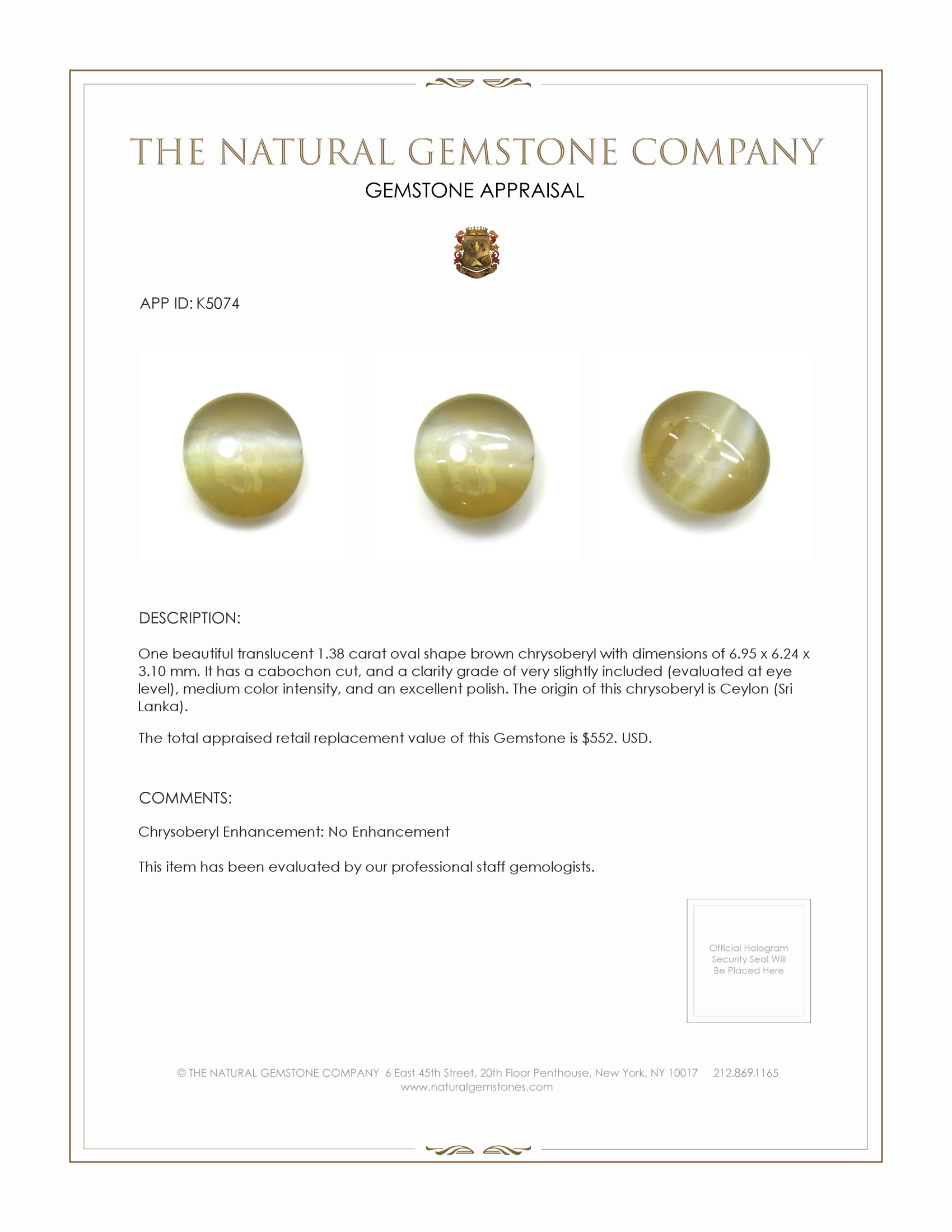 1.38 Ct. Cabochon Chrysoberyl from Ceylon (Sri Lanka)