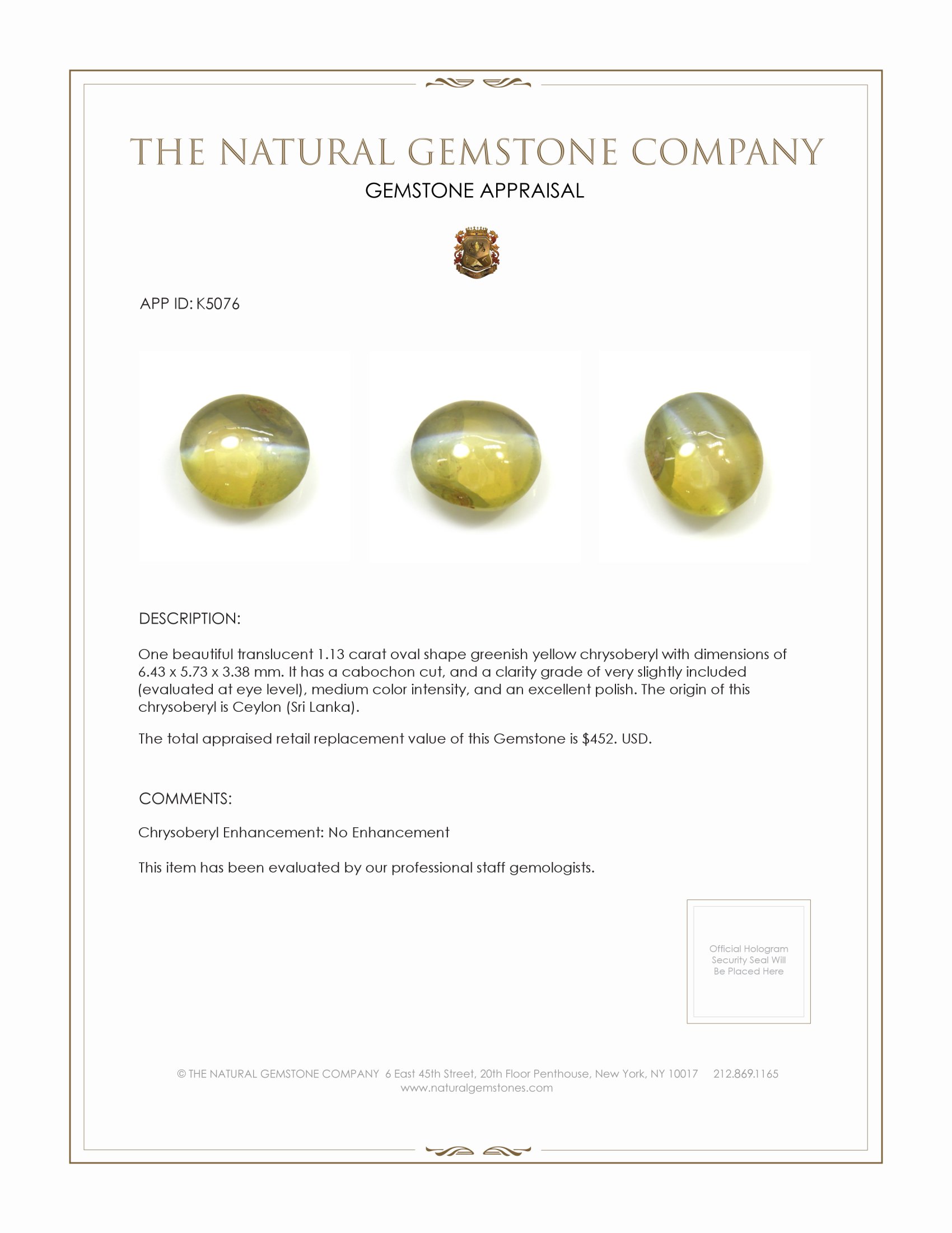 1.13 Ct. Cabochon Chrysoberyl from Ceylon (Sri Lanka)