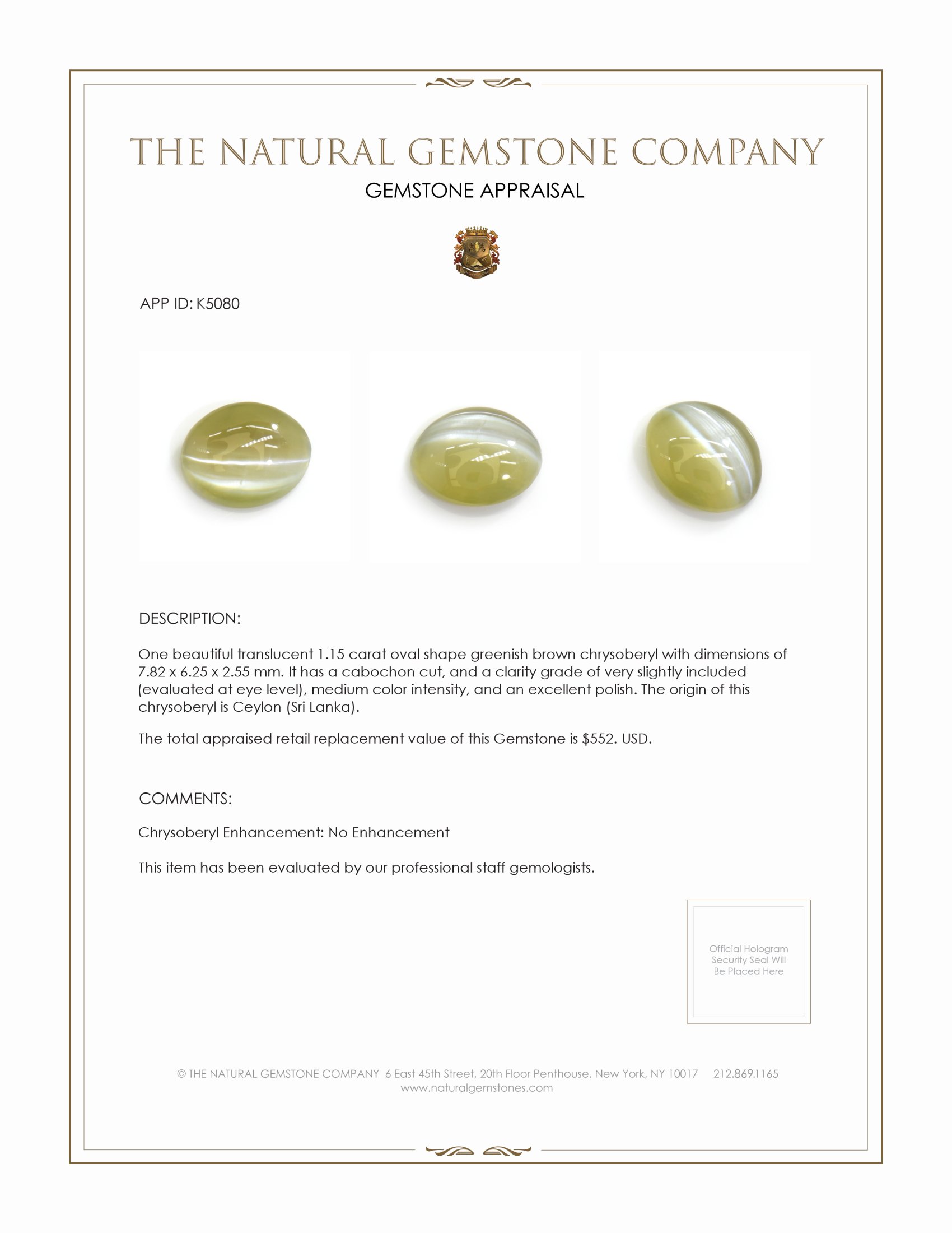 1.15 Ct. Cabochon Chrysoberyl from Ceylon (Sri Lanka)