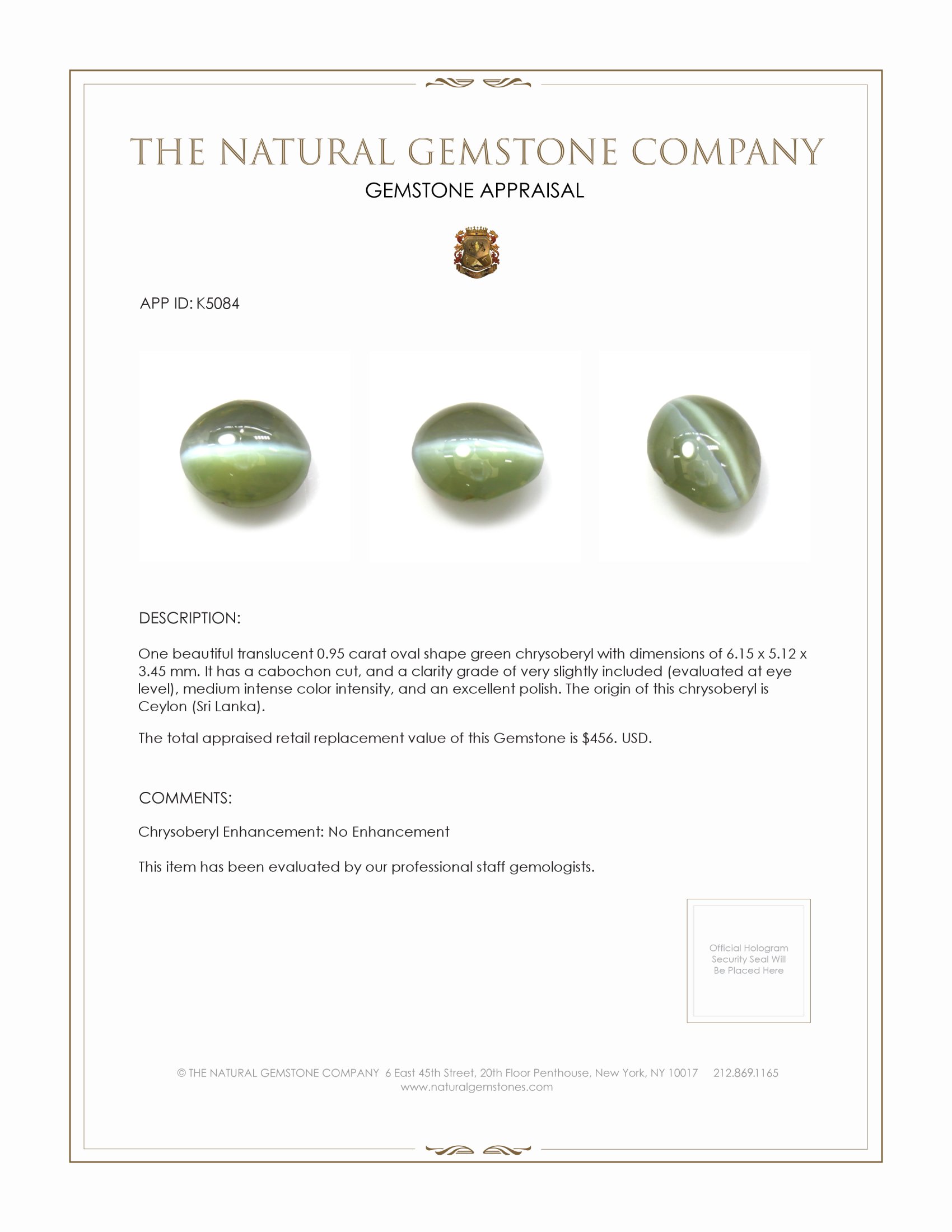 0.95 Ct. Cabochon Chrysoberyl from Ceylon (Sri Lanka)