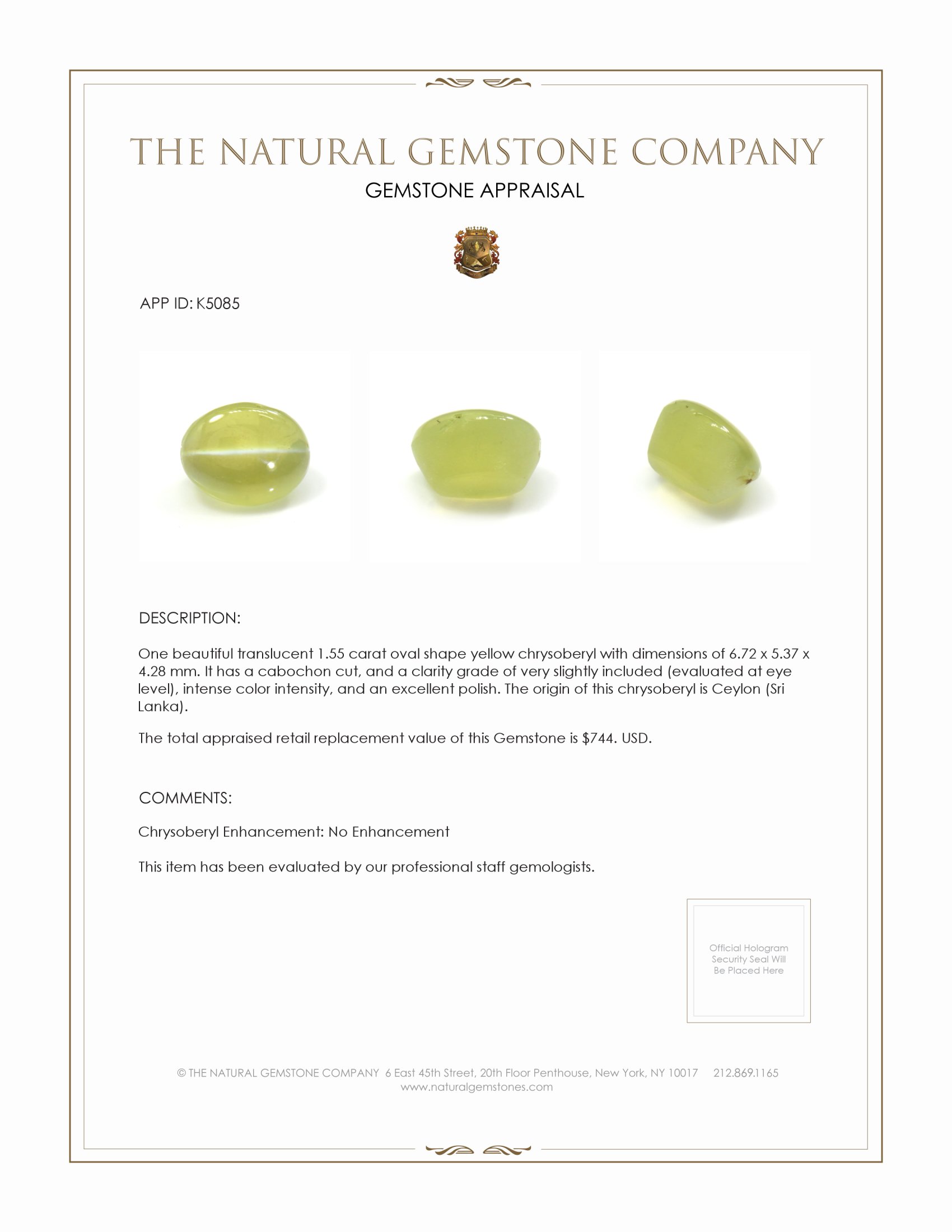 1.55 Ct. Cabochon Chrysoberyl from Ceylon (Sri Lanka)