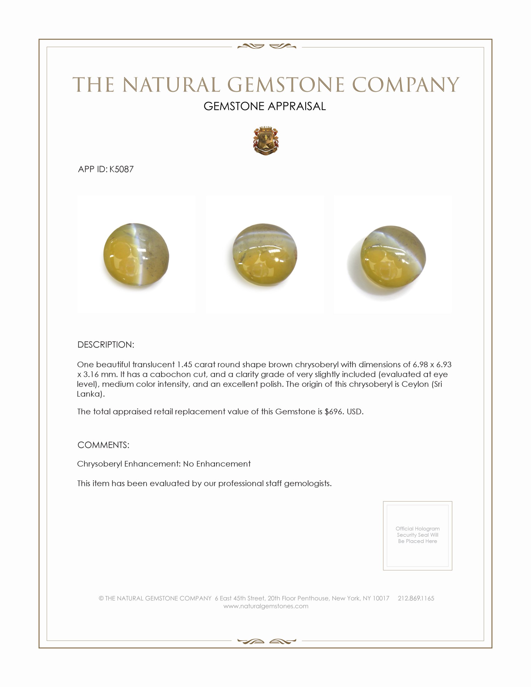 1.45 Ct. Cabochon Chrysoberyl from Ceylon (Sri Lanka)