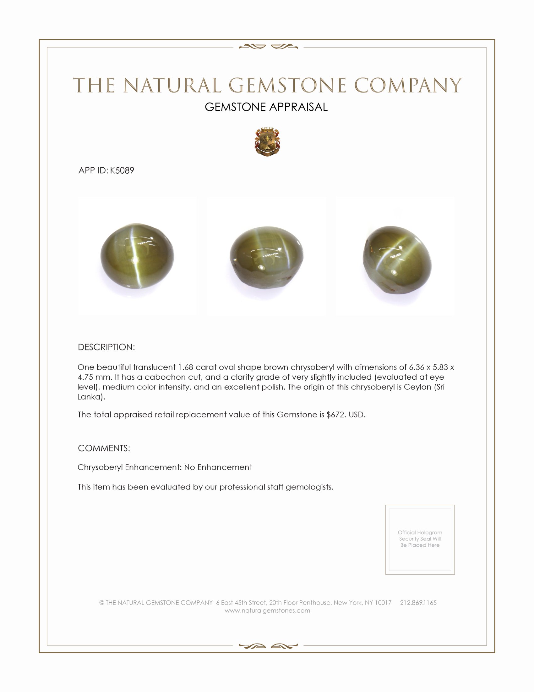 1.68 Ct. Cabochon Chrysoberyl from Ceylon (Sri Lanka)