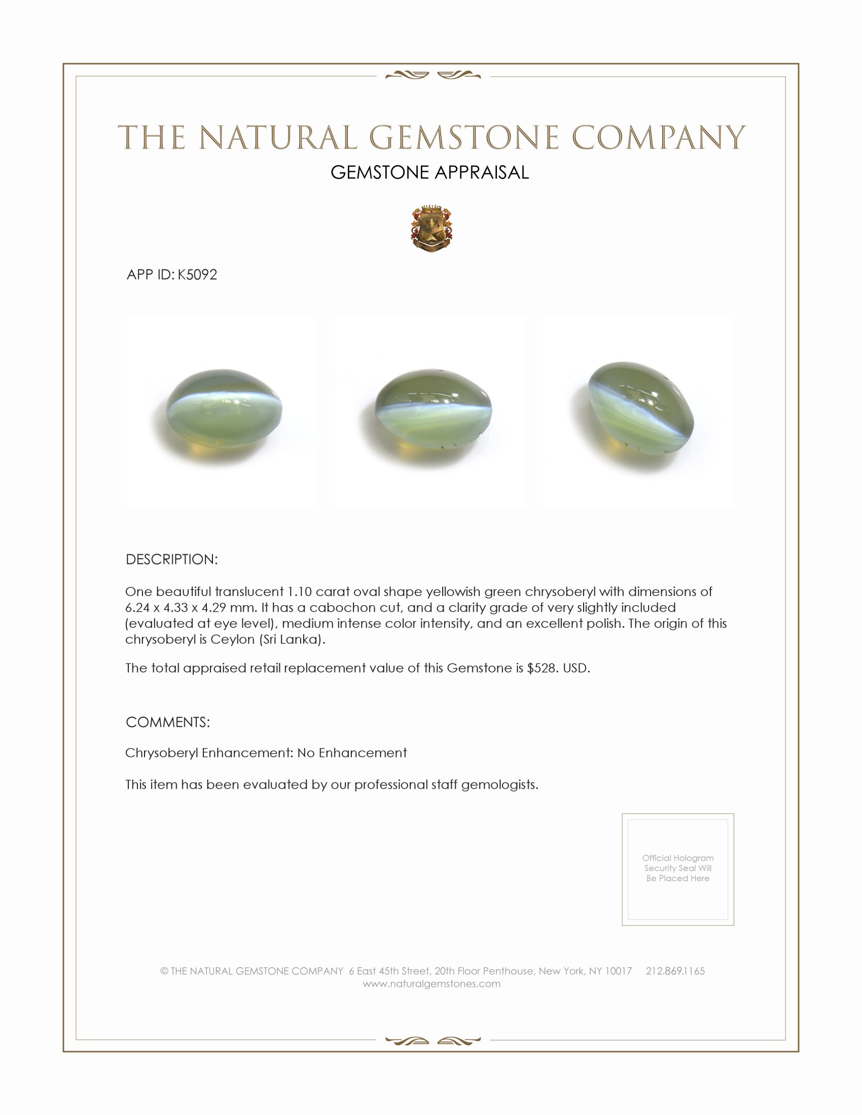 1.10 Ct. Cabochon Chrysoberyl from Ceylon (Sri Lanka)