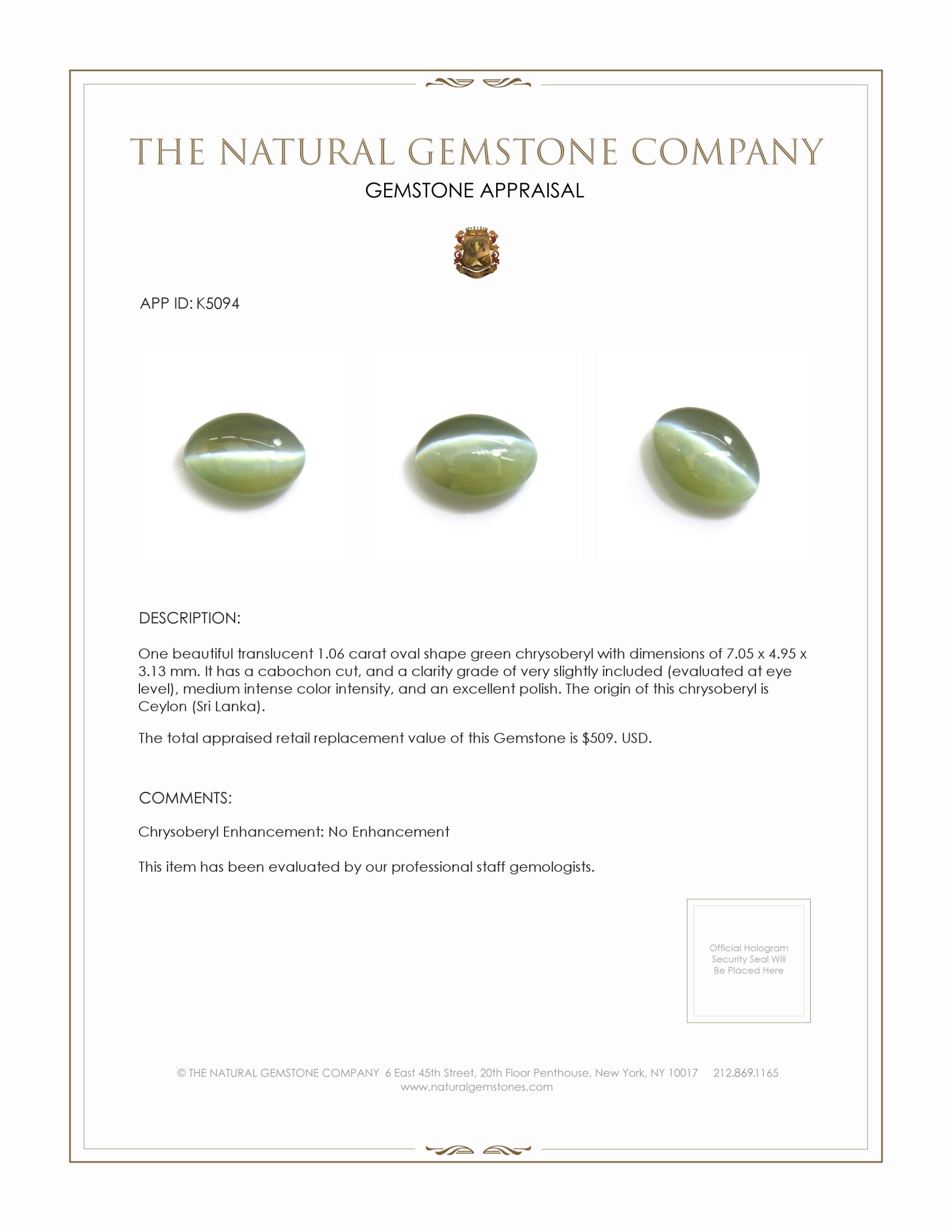 1.06 Ct. Cabochon Chrysoberyl from Ceylon (Sri Lanka)