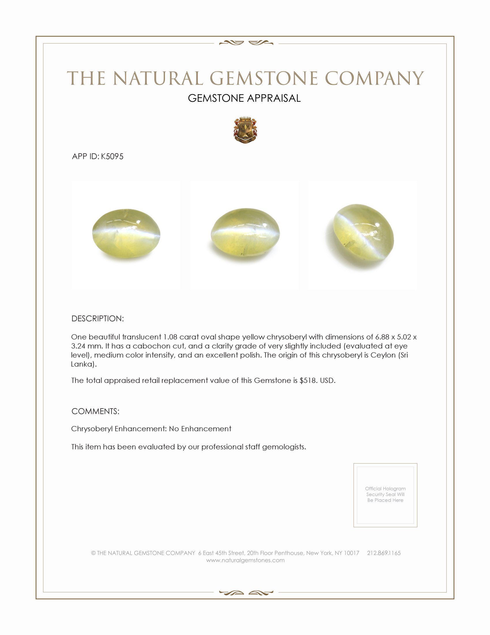 1.08 Ct. Cabochon Chrysoberyl from Ceylon (Sri Lanka)