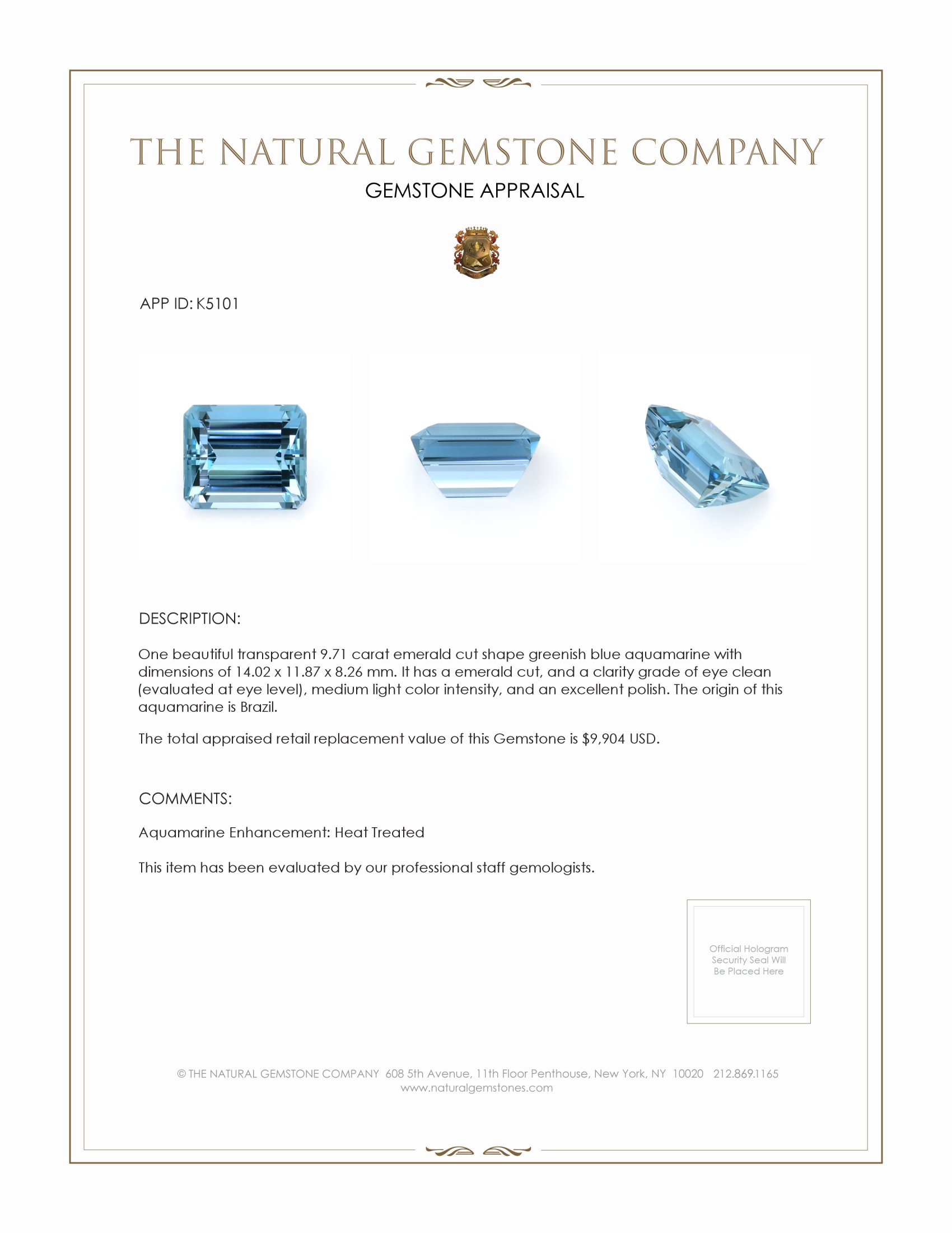 9.71 Ct. Aquamarine from Brazil