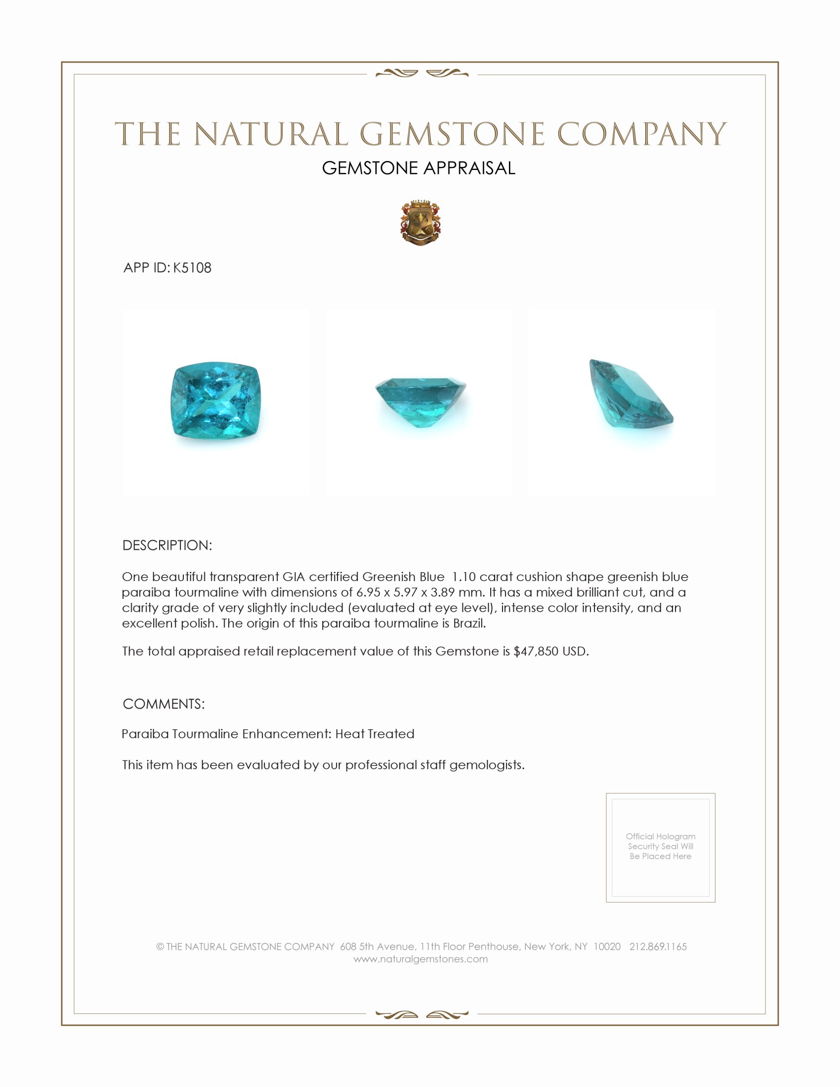 1.10 Ct. Paraiba Tourmaline from Brazil
