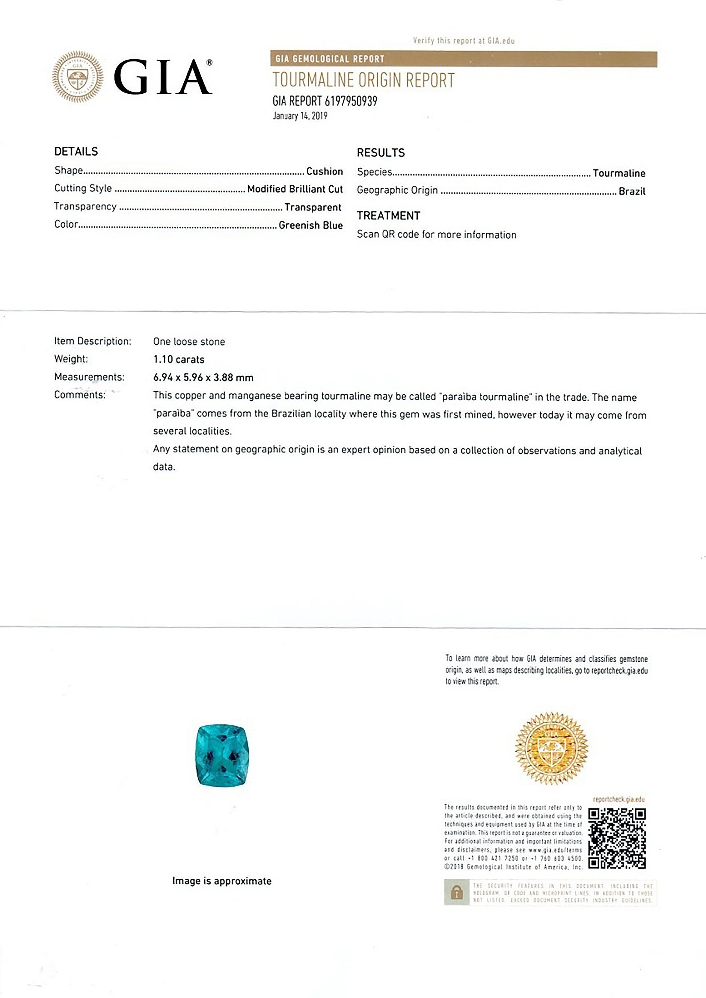 1.10 Ct. Paraiba Tourmaline from Brazil