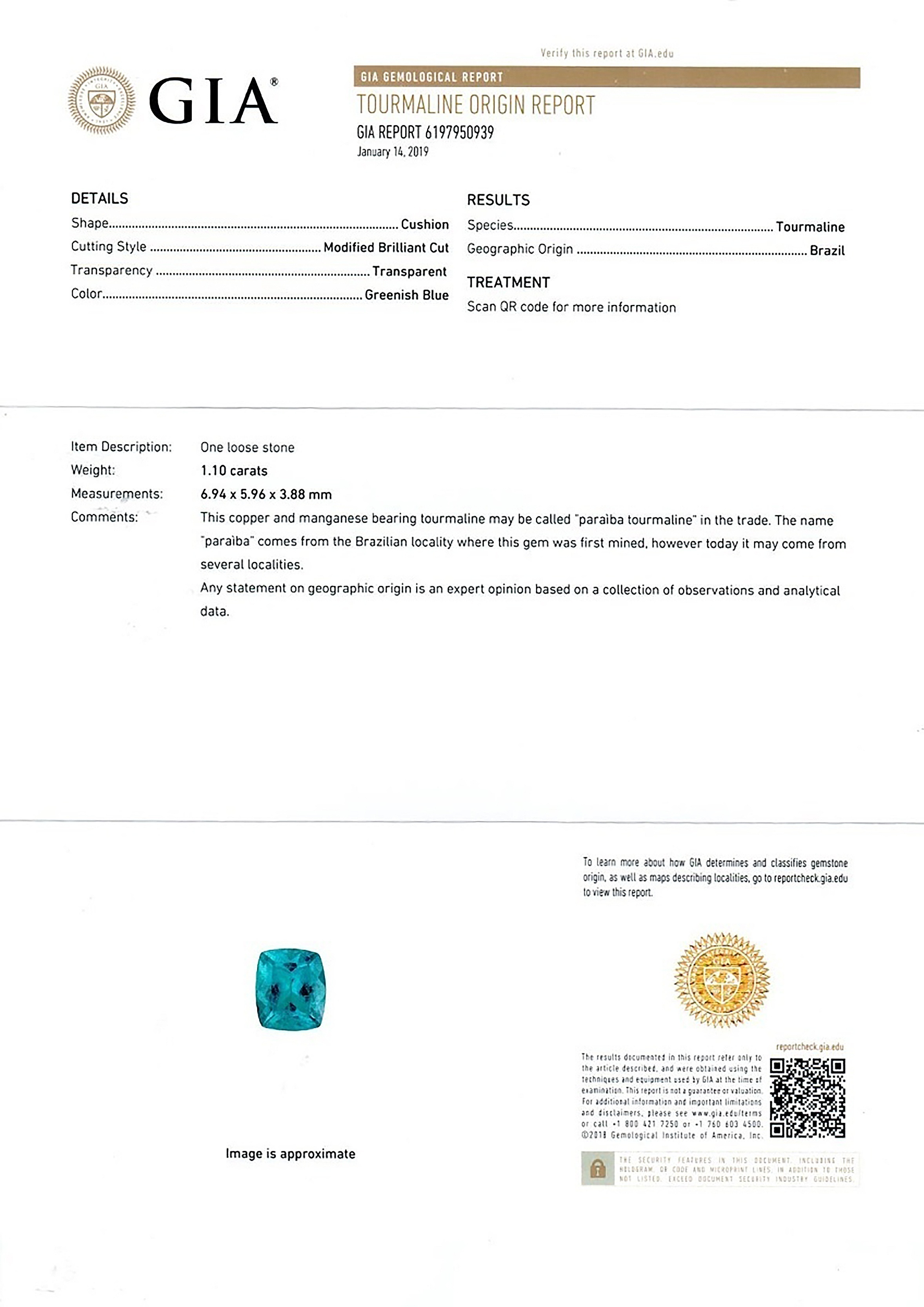 1.10 Ct. Greenish Blue Paraiba Tourmaline from Brazil
