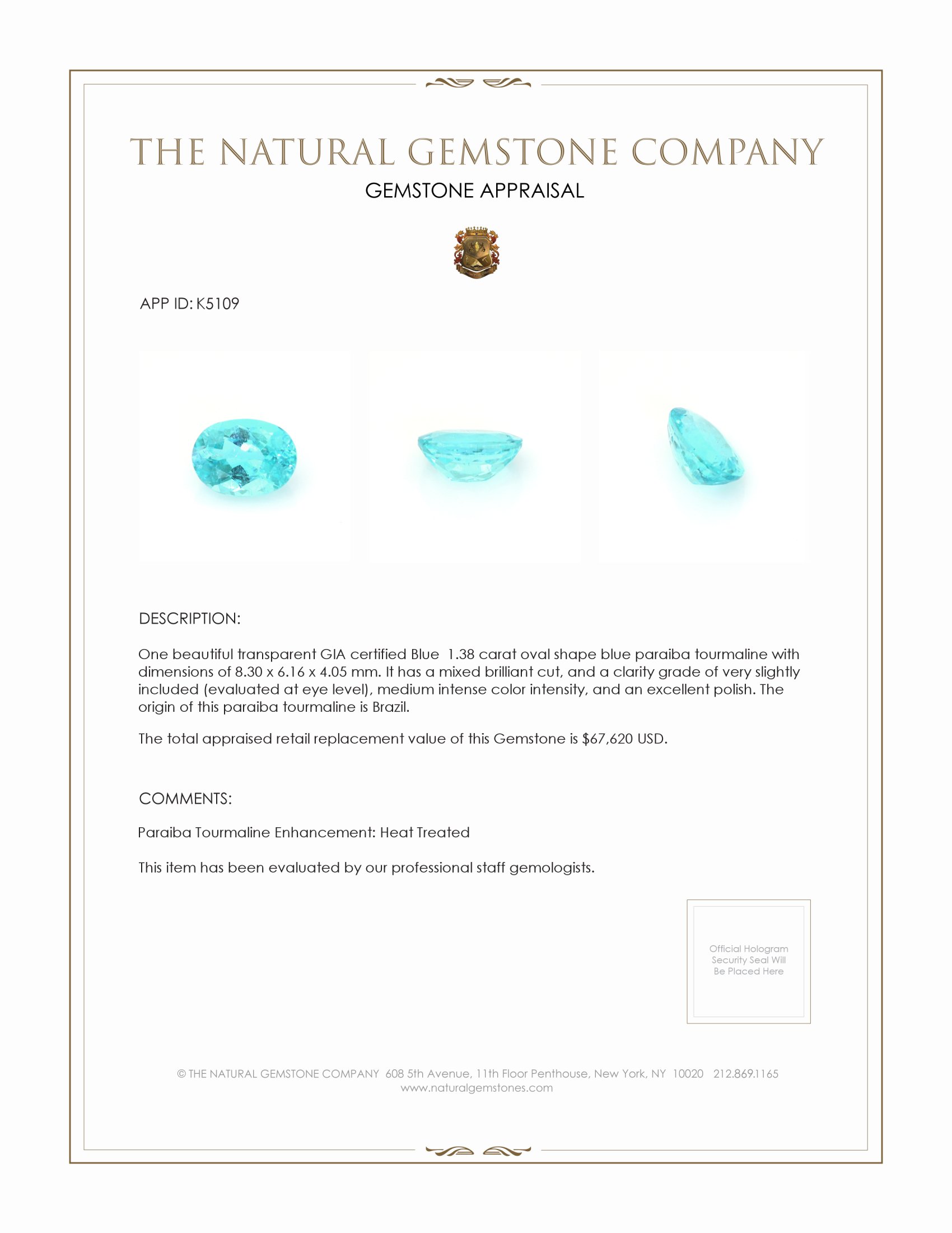 1.38 Ct. Paraiba Tourmaline from Brazil