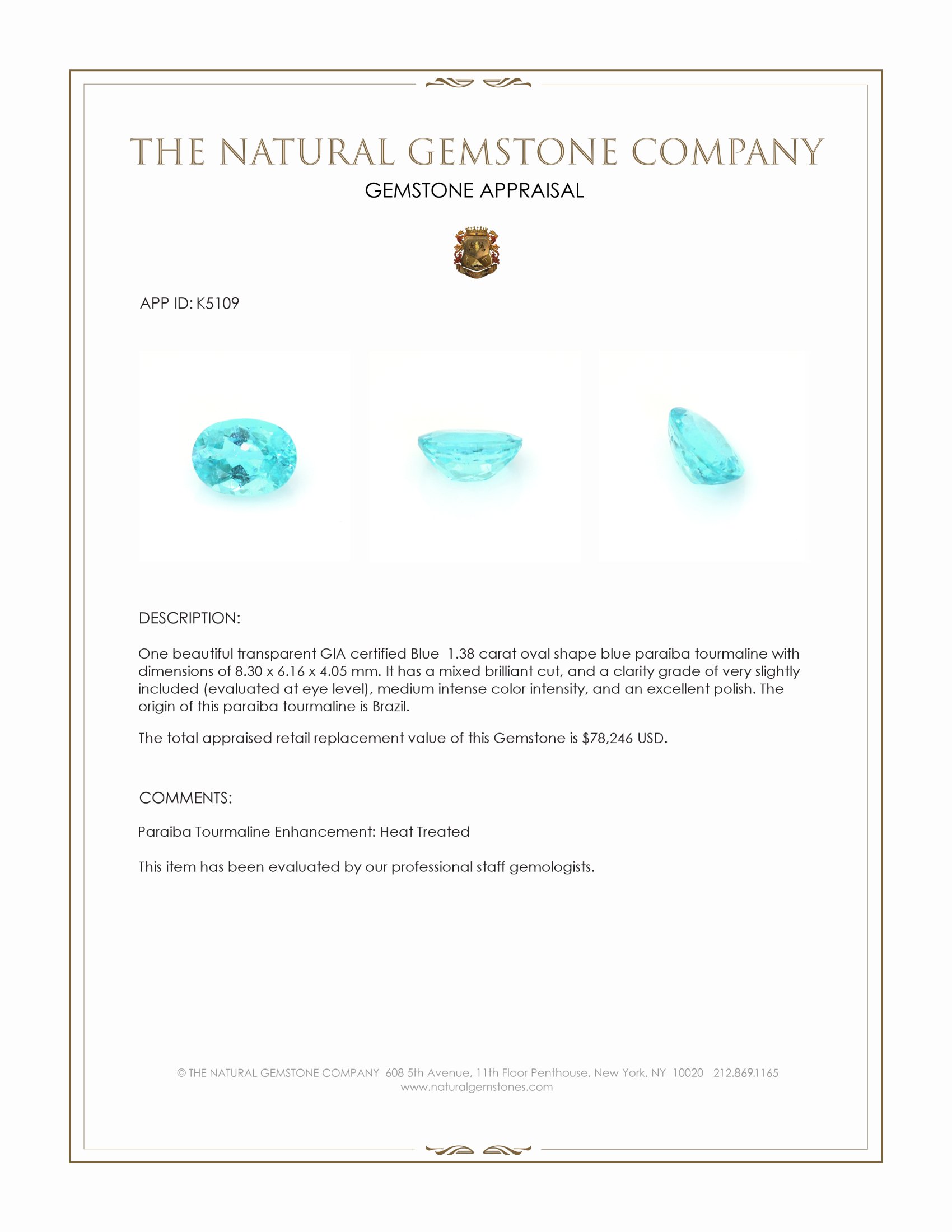 1.38 Ct. Paraiba Tourmaline from Brazil