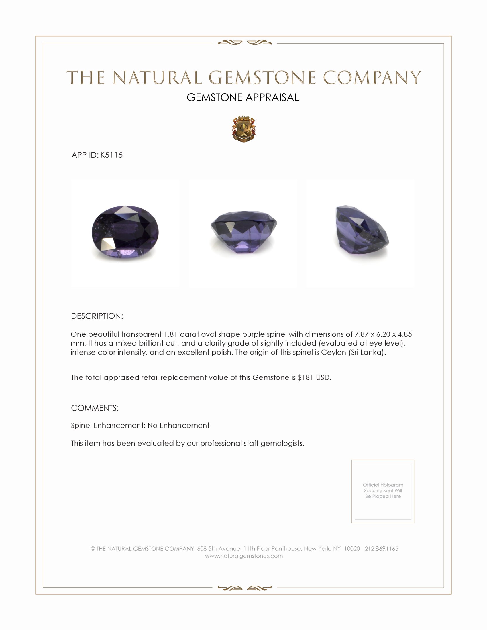 1.81 Ct. Purple Spinel from Ceylon (Sri Lanka)