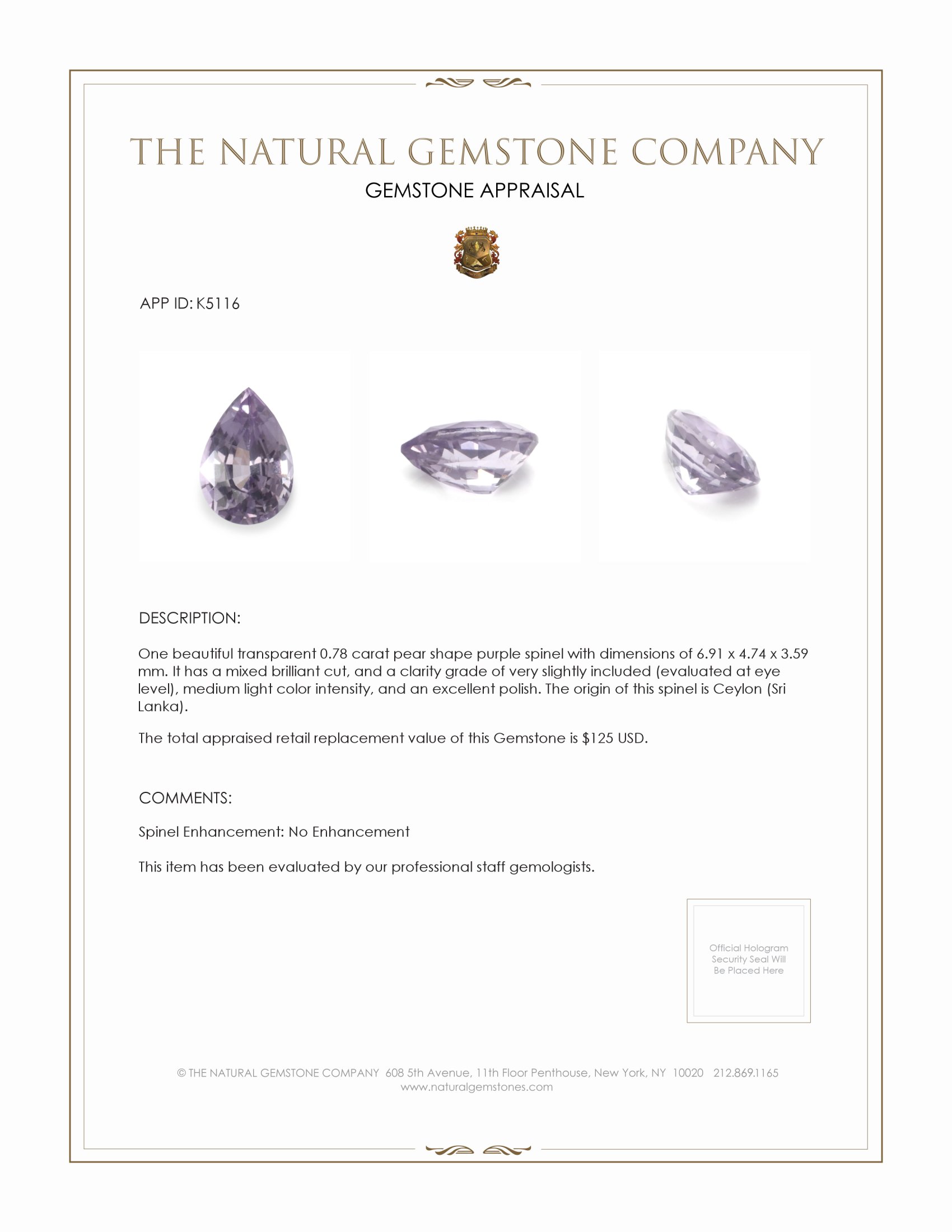 0.78 Ct. Purple Spinel from Ceylon (Sri Lanka)