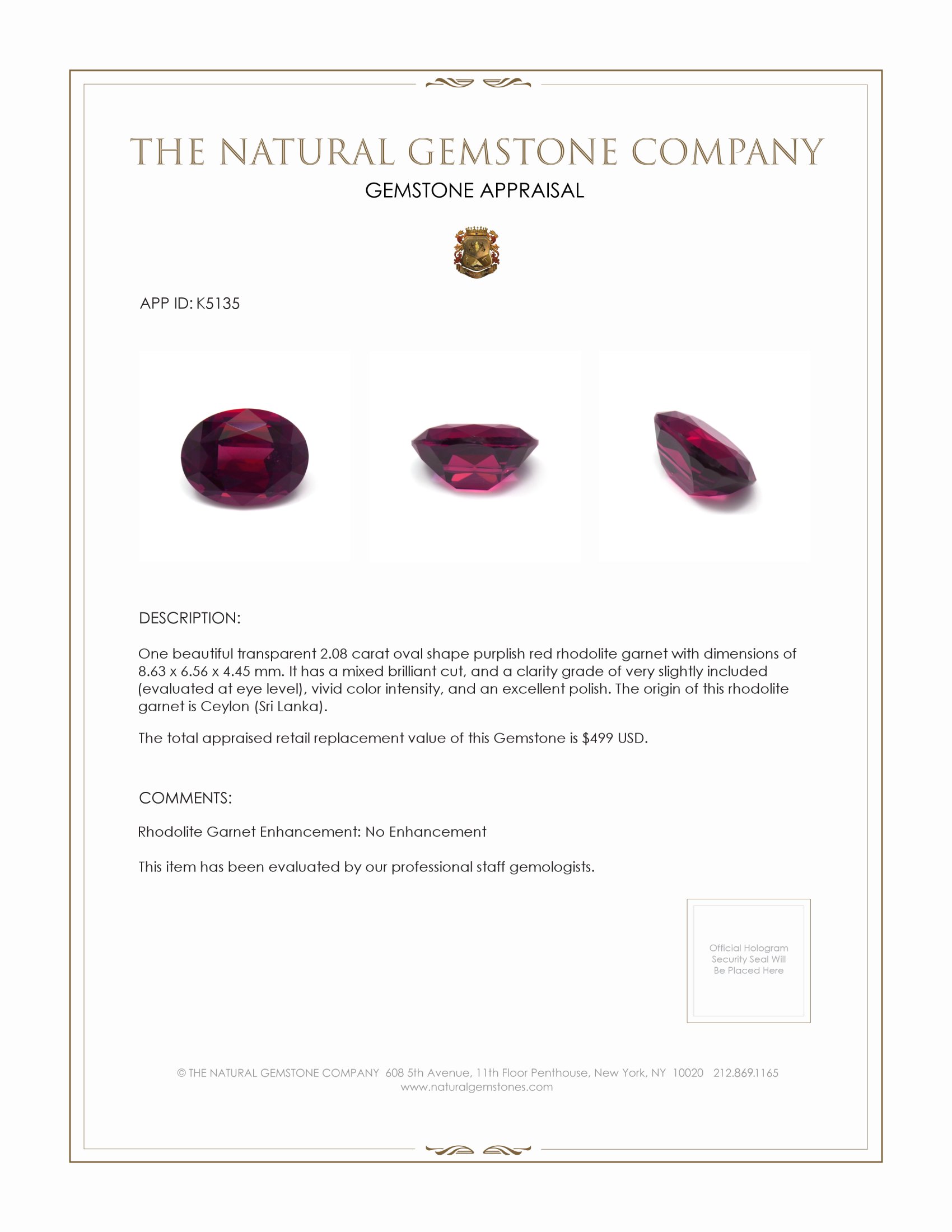 2.08 Ct. Rhodolite Garnet from Ceylon (Sri Lanka)