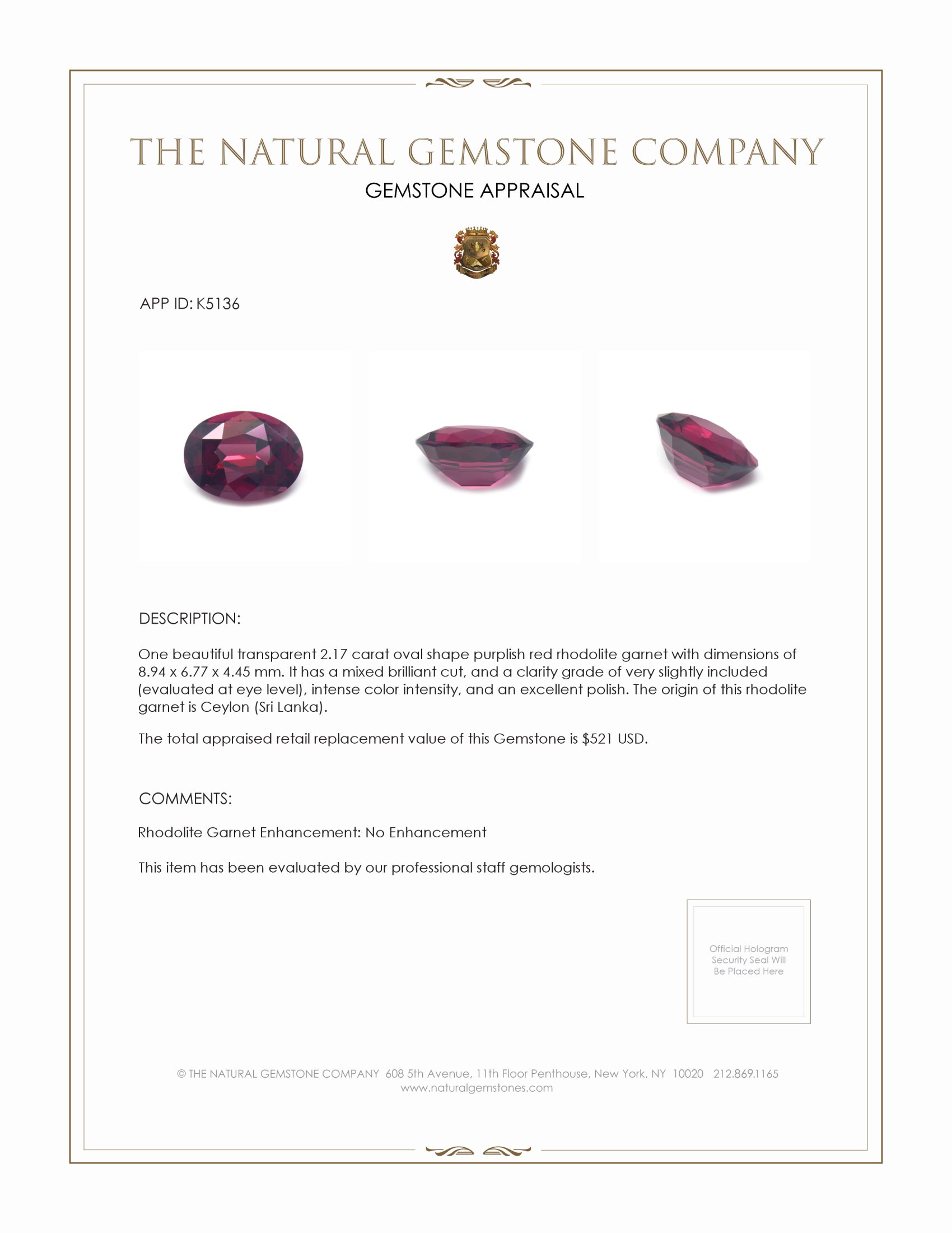 2.17 Ct. Rhodolite Garnet from Ceylon (Sri Lanka)