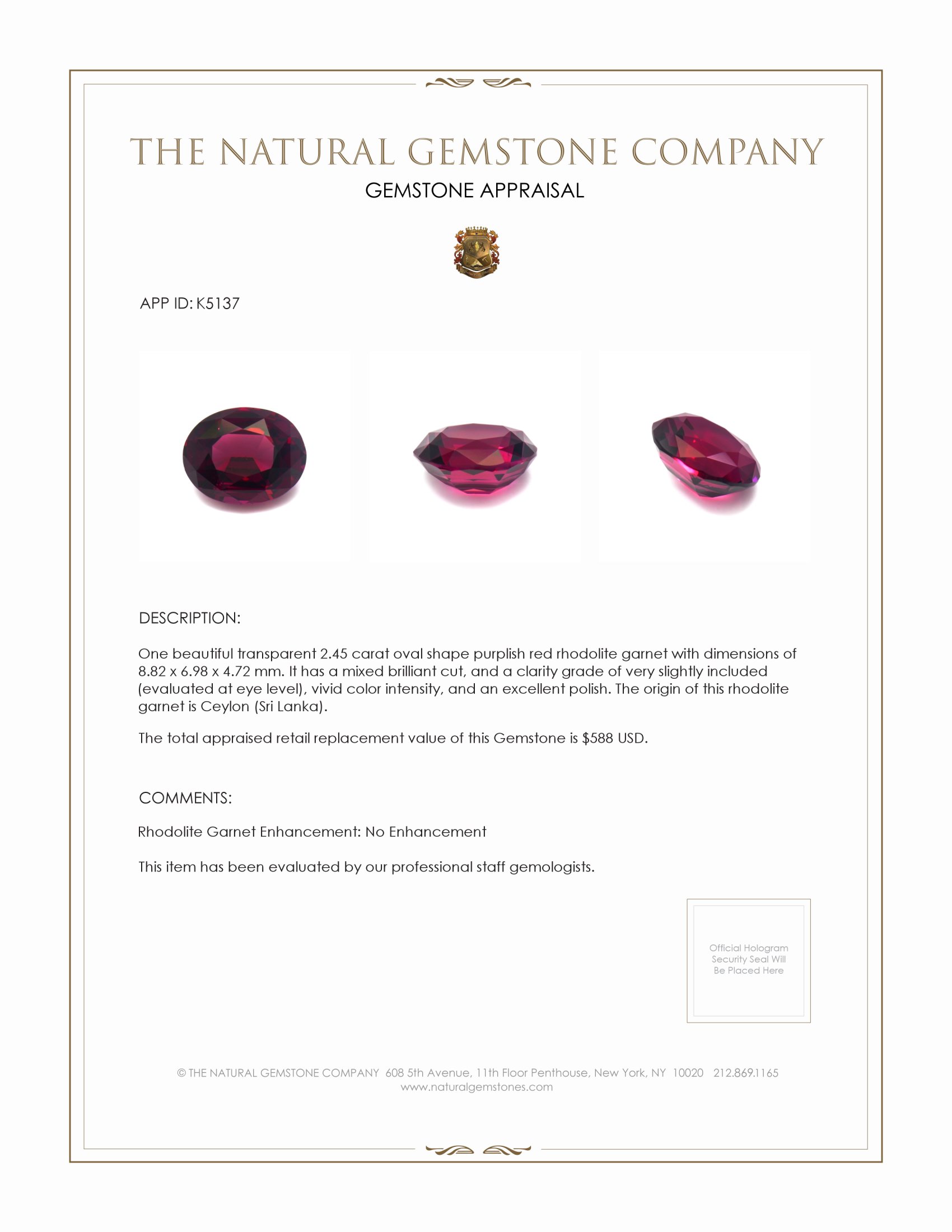 2.45 Ct. Rhodolite Garnet from Ceylon (Sri Lanka)