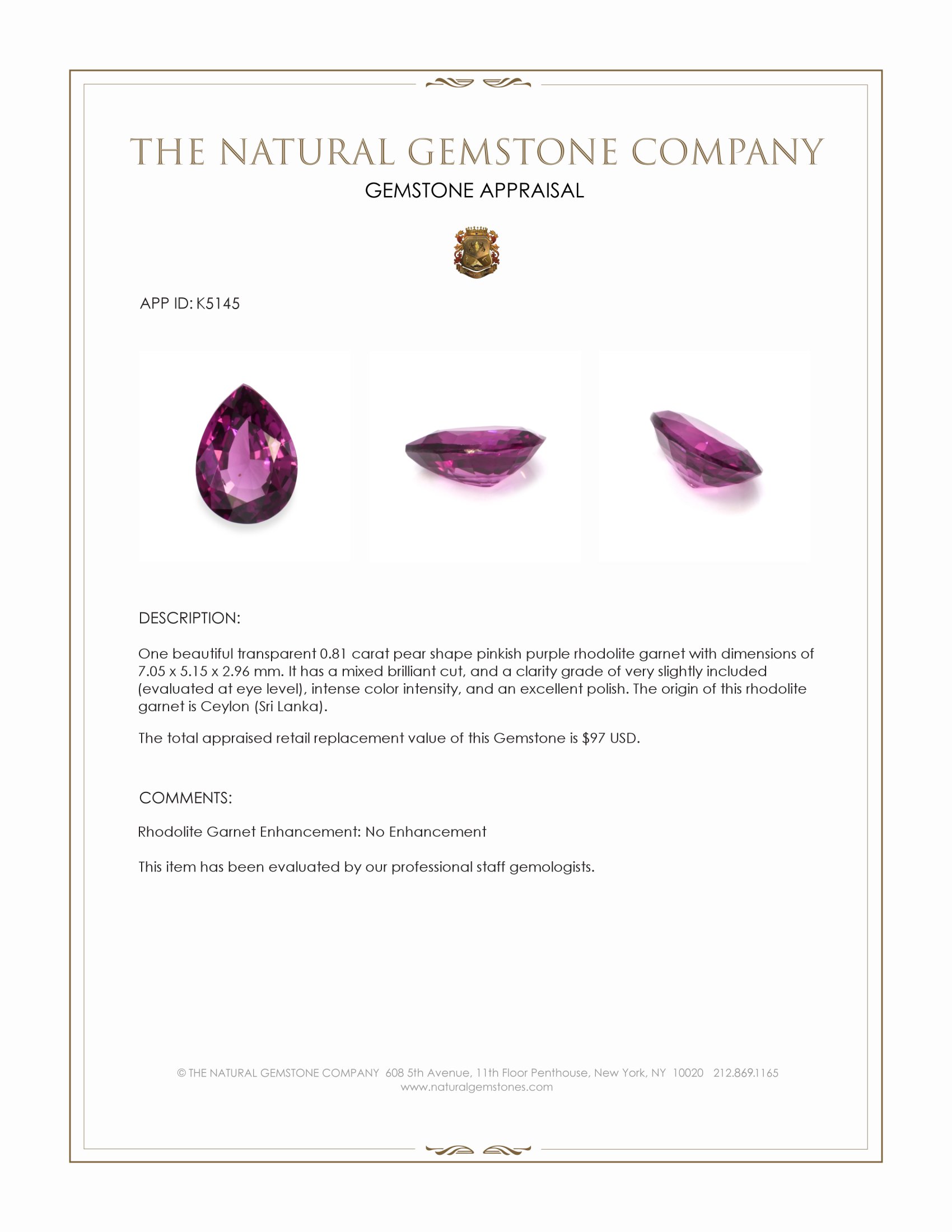 0.81 Ct. Pinkish Purple Rhodolite Garnet from Ceylon (Sri Lanka)
