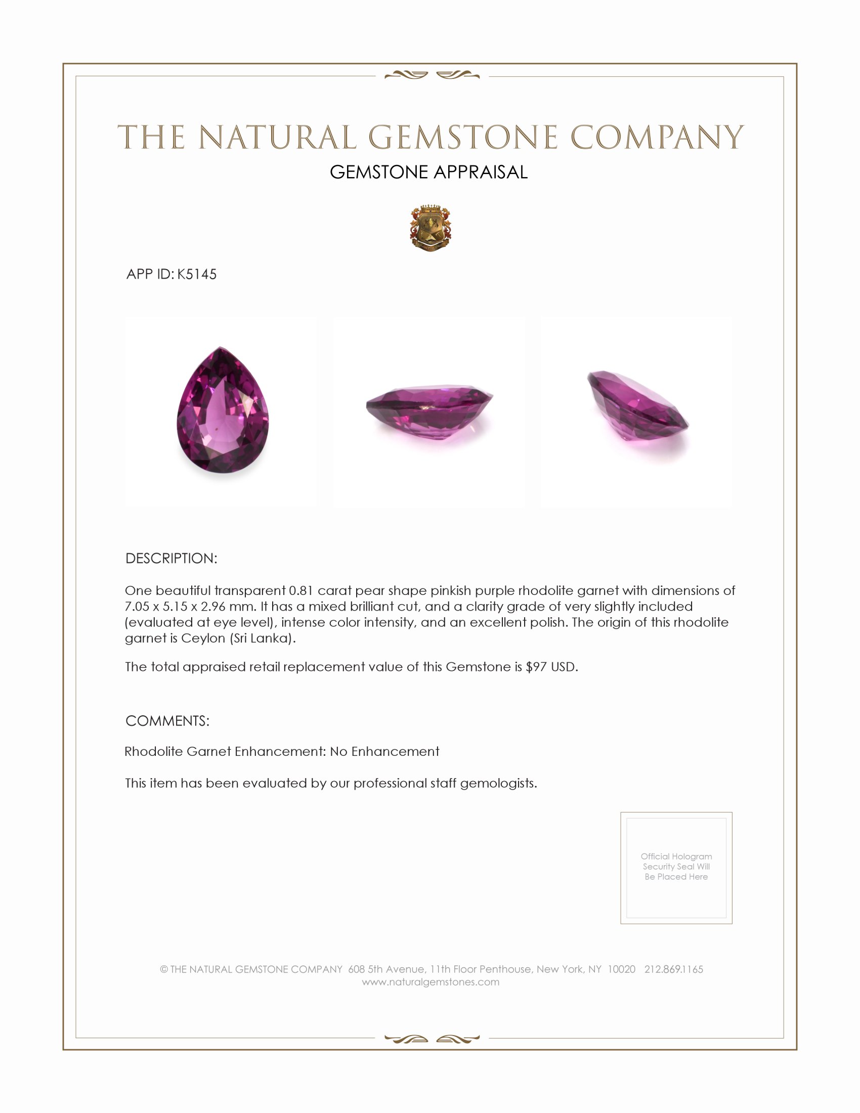 0.81 Ct. Rhodolite Garnet from Ceylon (Sri Lanka)