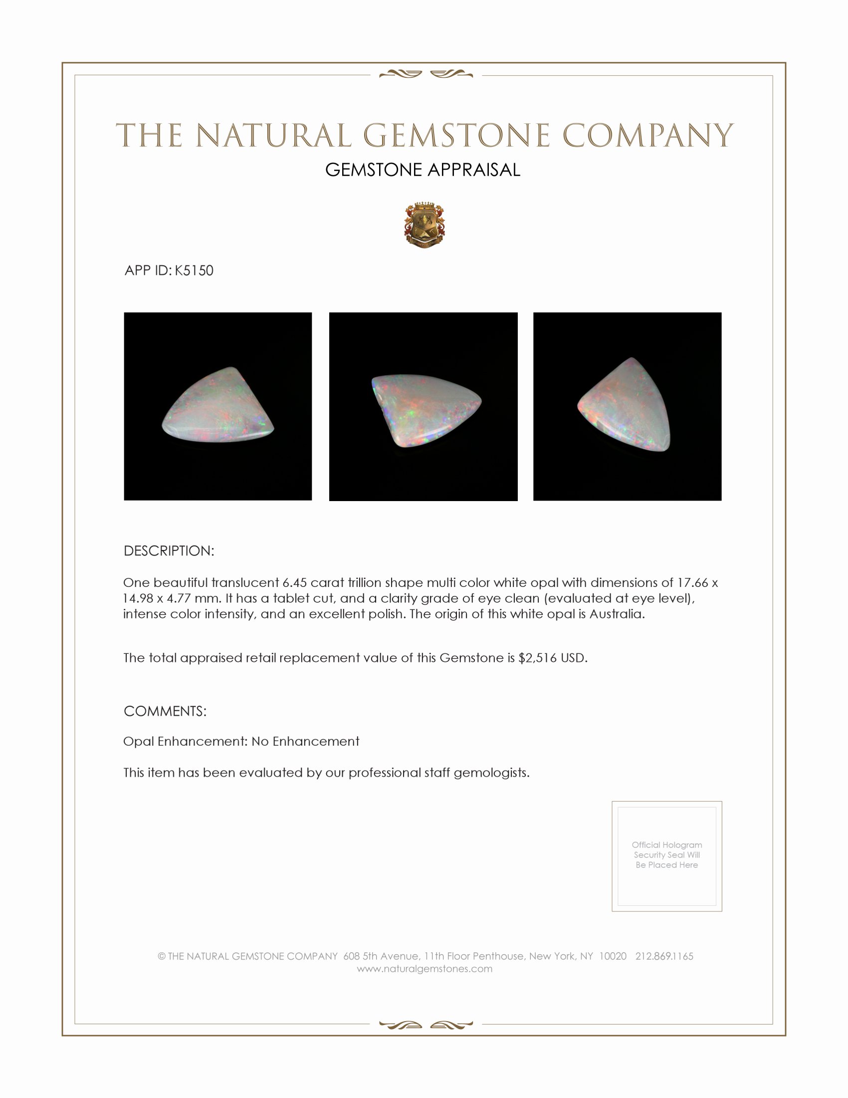 6.45 Ct. White Opal from Australia