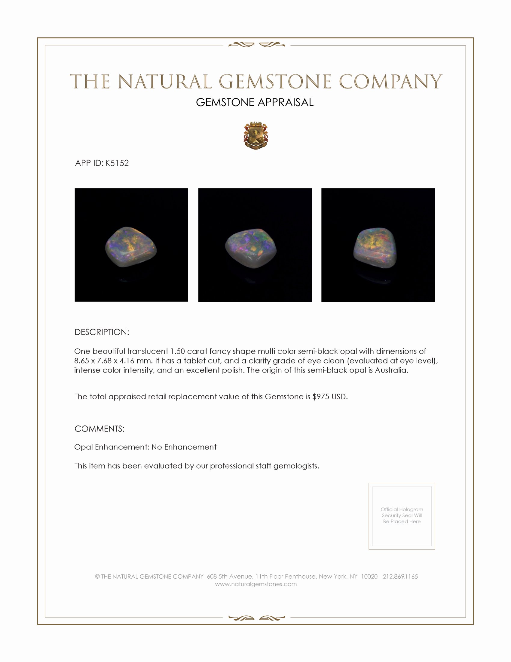 1.50 Ct. Semi-Black Opal from Australia