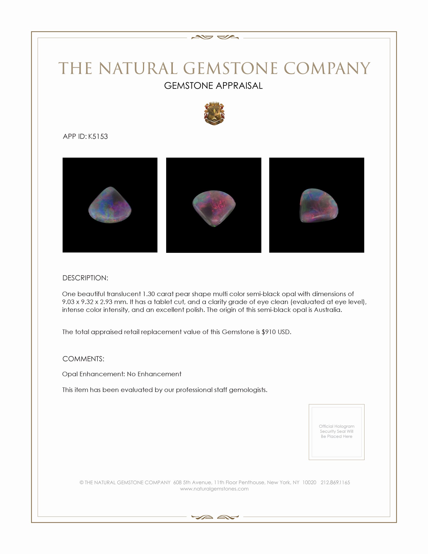 1.30 Ct. Semi-Black Opal from Australia