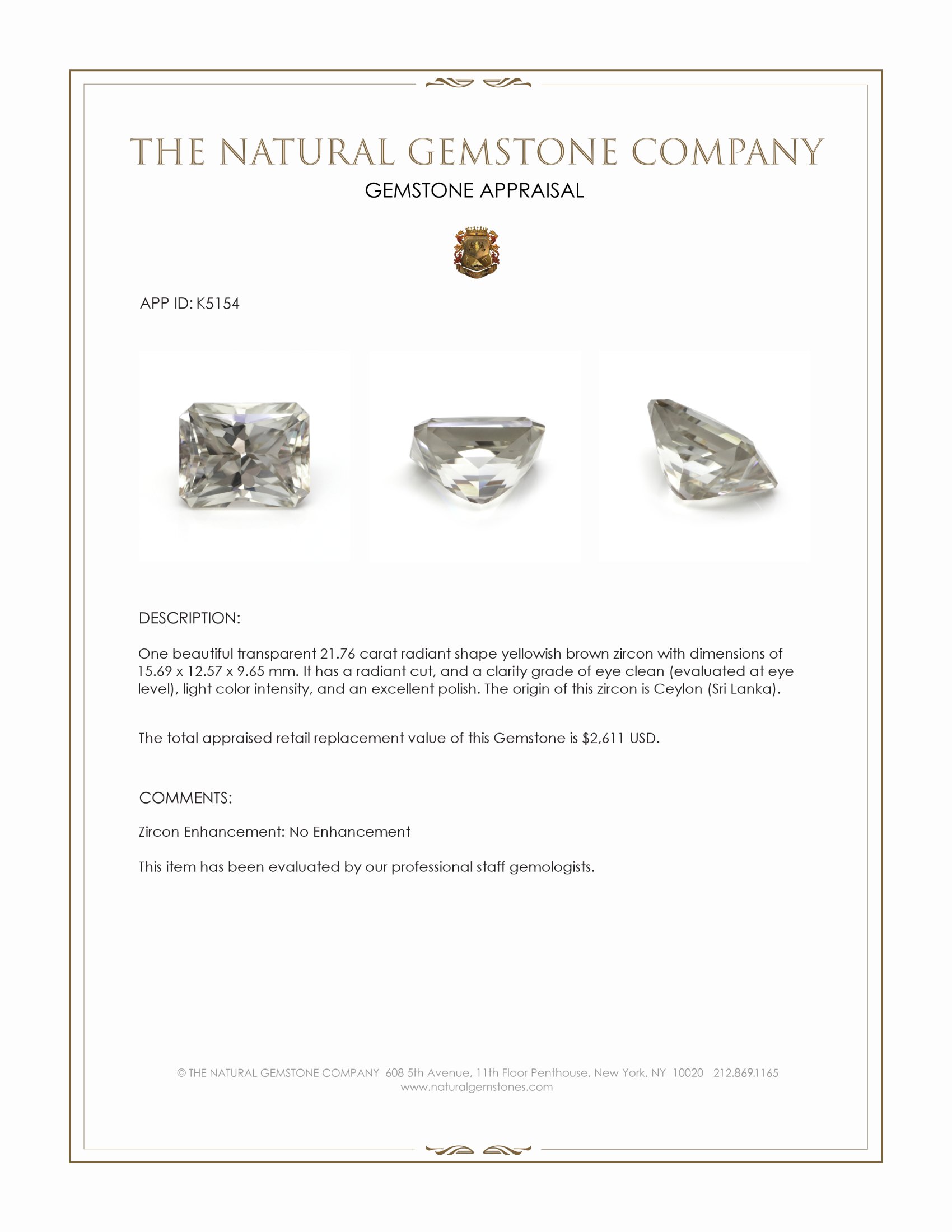 21.76 Ct. Greenish Yellow Zircon from Ceylon (Sri Lanka)