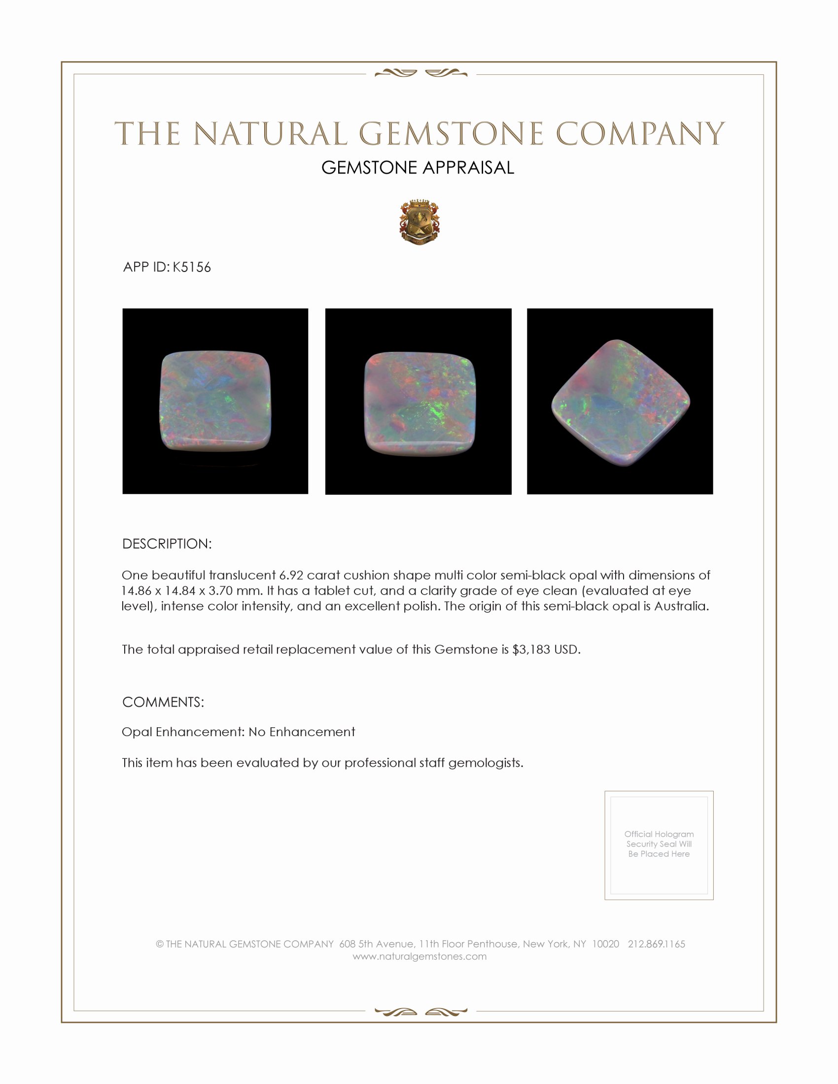 6.92 Ct. Semi-Black Opal from Australia