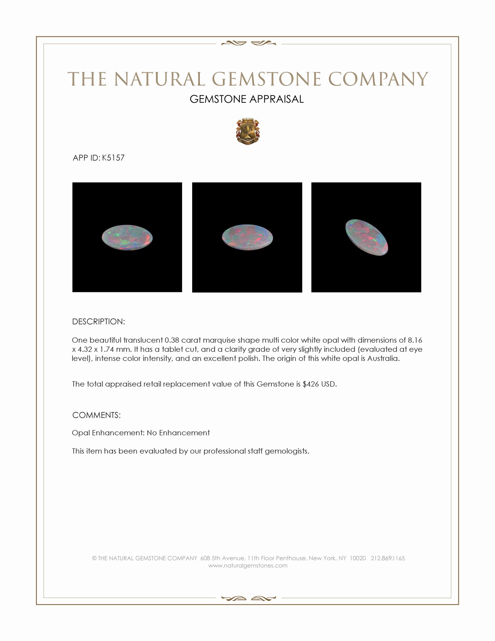 0.38 Ct. Multi Color White Opal from Australia