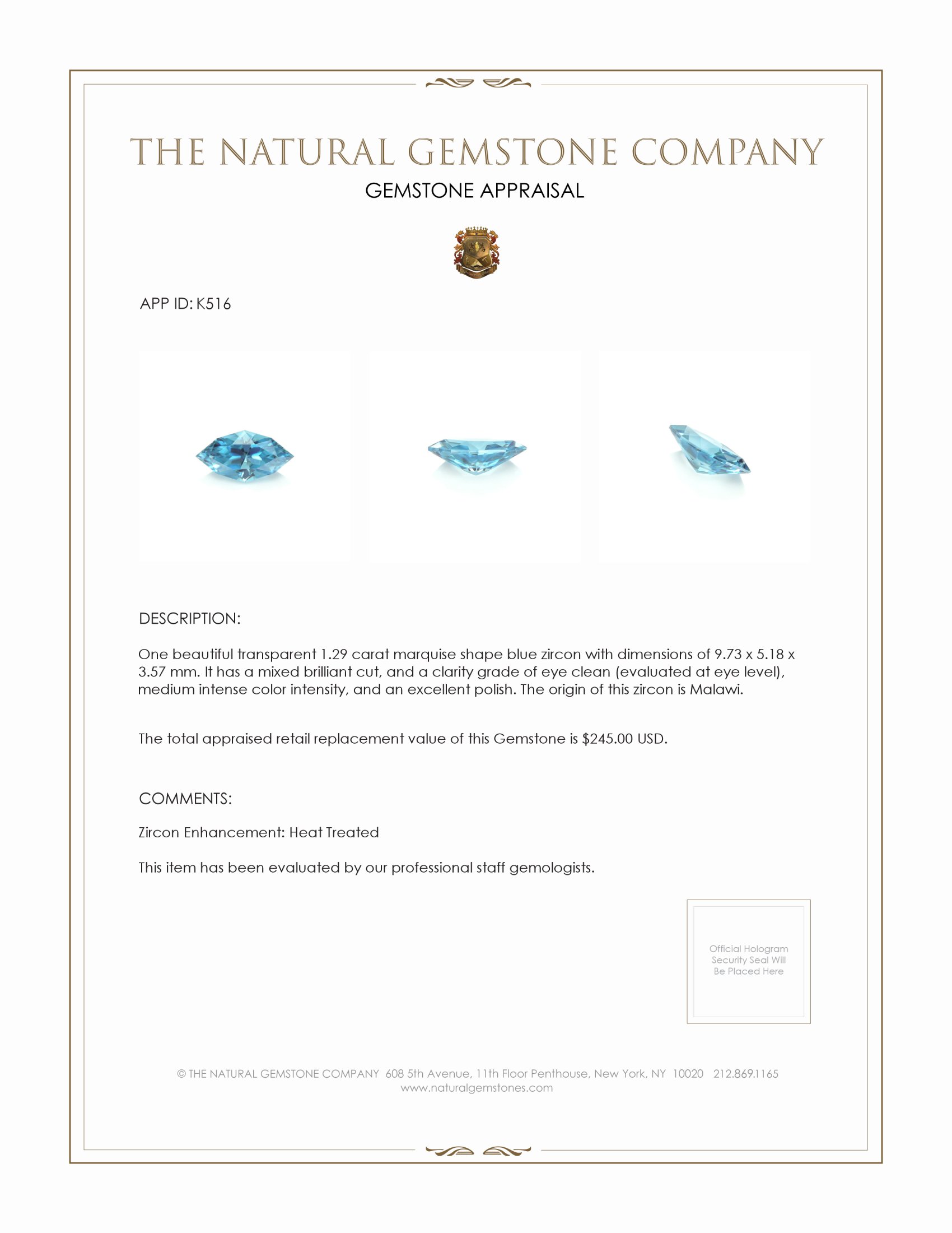 1.29 Ct. Zircon from Malawi