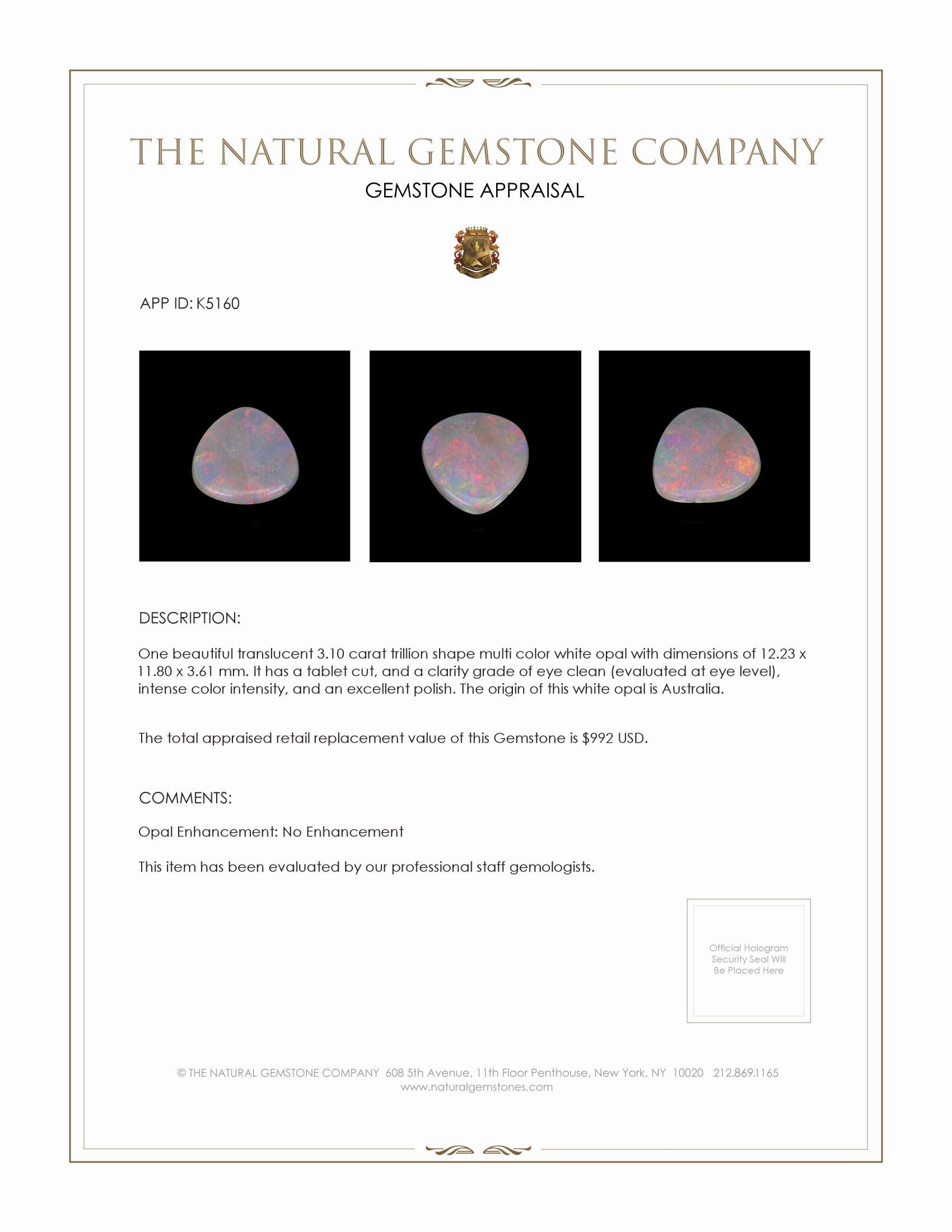 3.10 Ct. White Opal from Australia