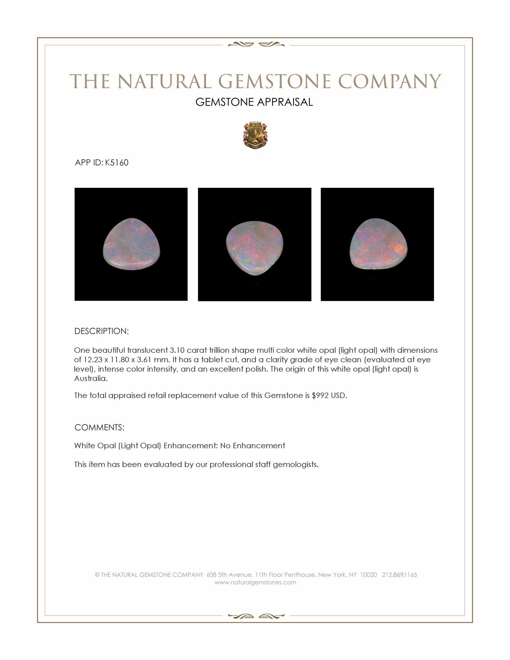 3.10 Ct. Multi Color White Opal (Light Opal) from Australia